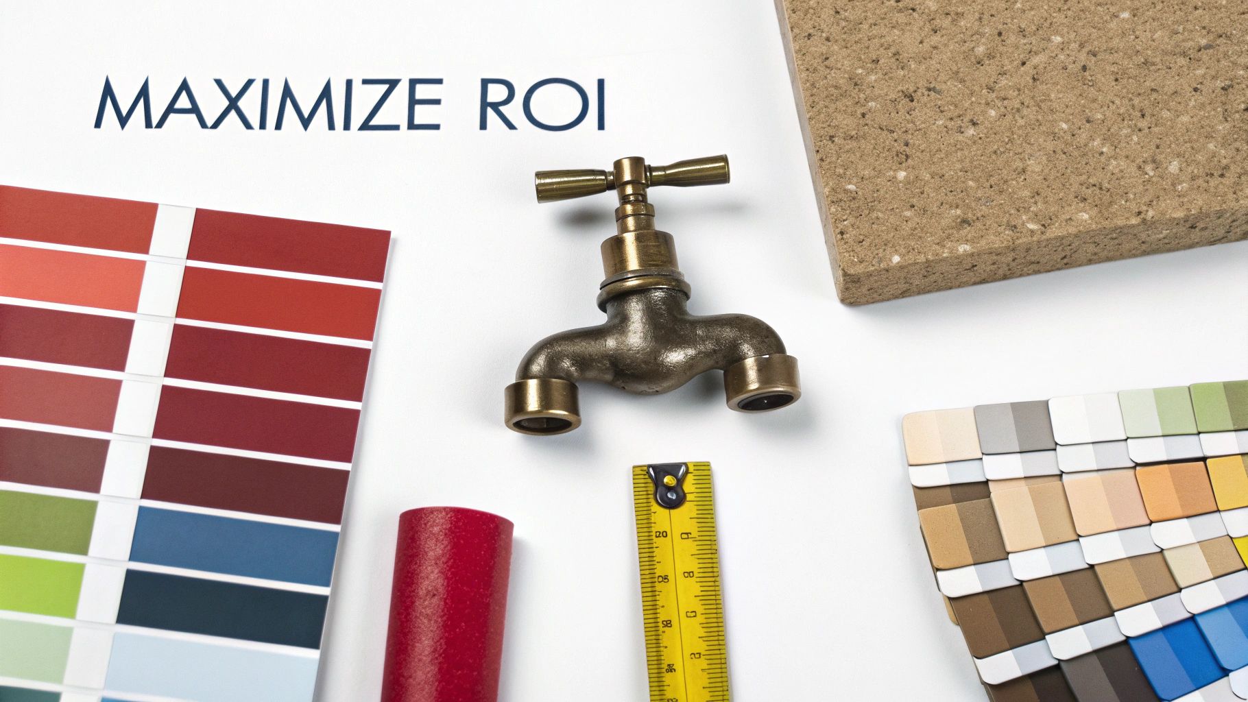 A flat lay of home renovation items: paint swatches, faucet, ruler, and material samples, symbolizing maximizing ROI.