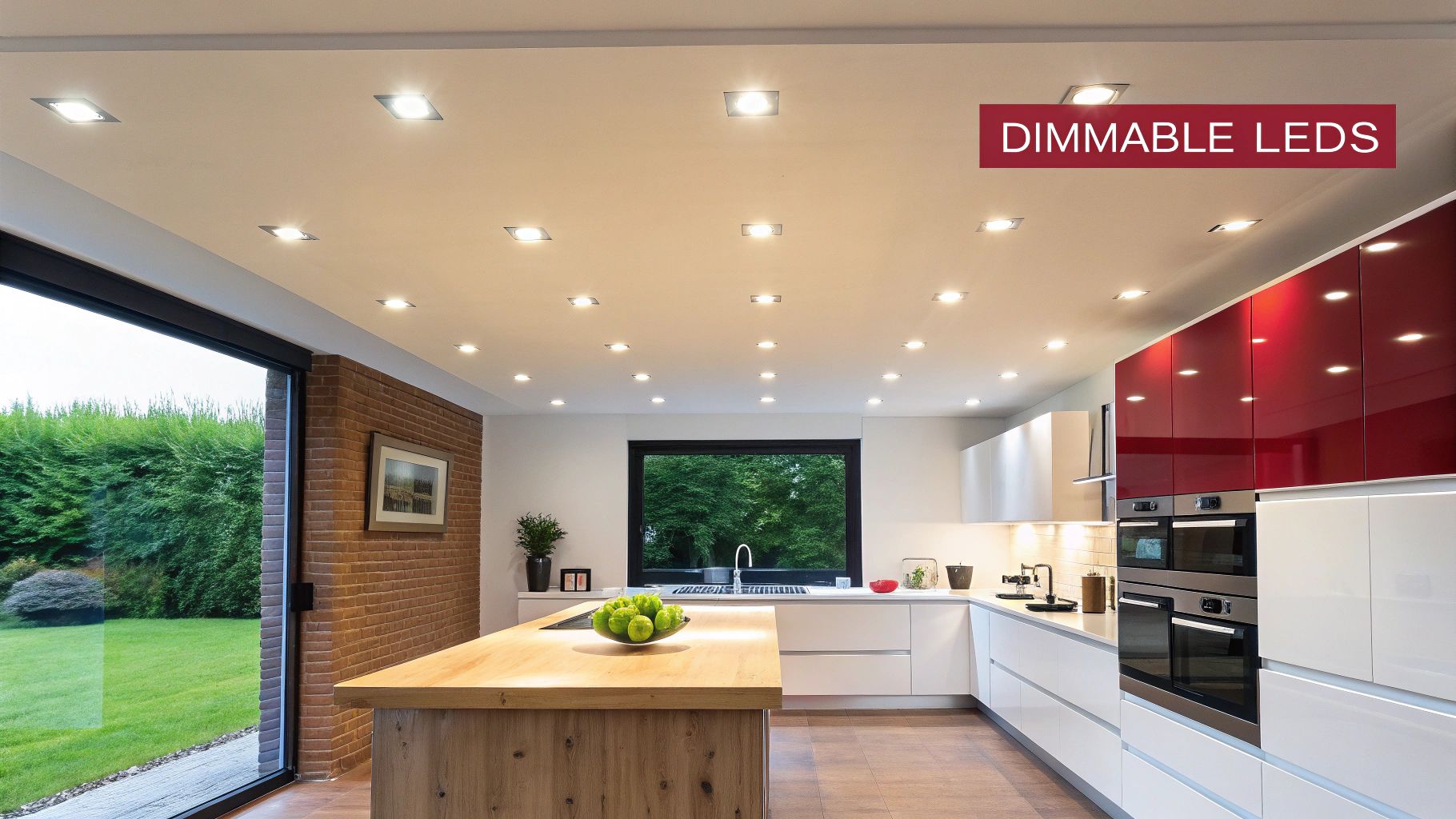A modern kitchen with numerous dimmable LED recessed lights in the ceiling, a wooden island, and glossy red and white cabinets.