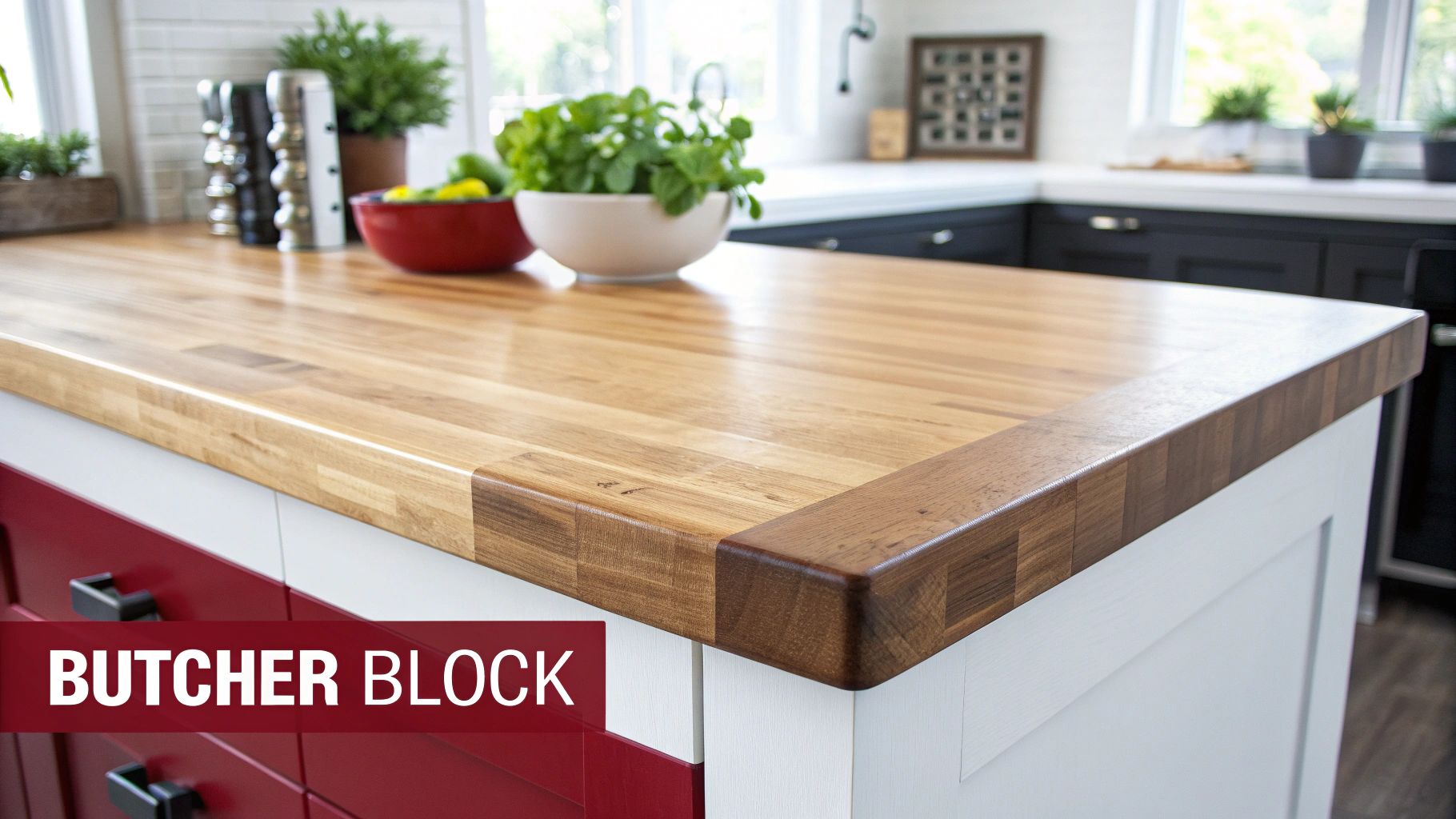 Close-up of a modern kitchen island featuring a light wood butcher block countertop with a darker edge and red drawers.
