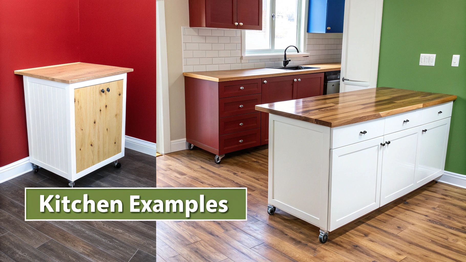 Three mobile kitchen examples with wooden countertops, including a cart, red cabinets, and a white island.