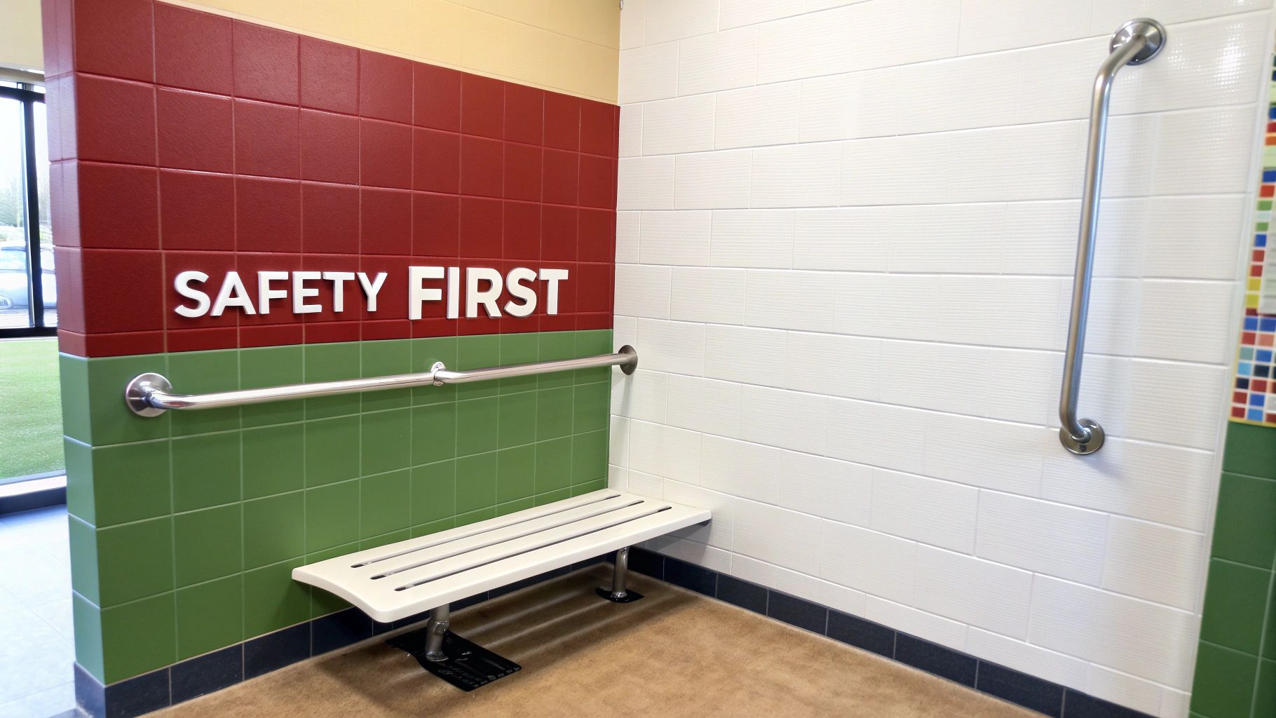 An accessible shower area with red, green, and white tiled walls, grab bars, and a bench.