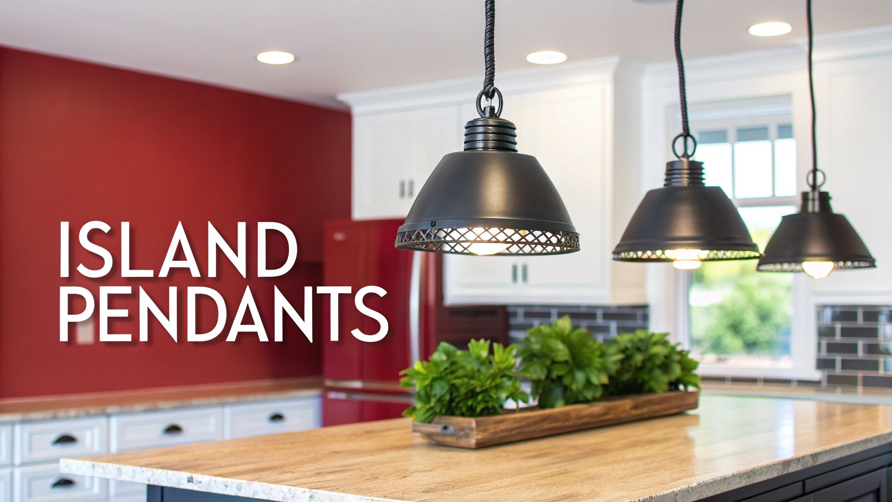 Sleek black island pendants illuminate a modern kitchen with a bold red accent wall and white cabinets.