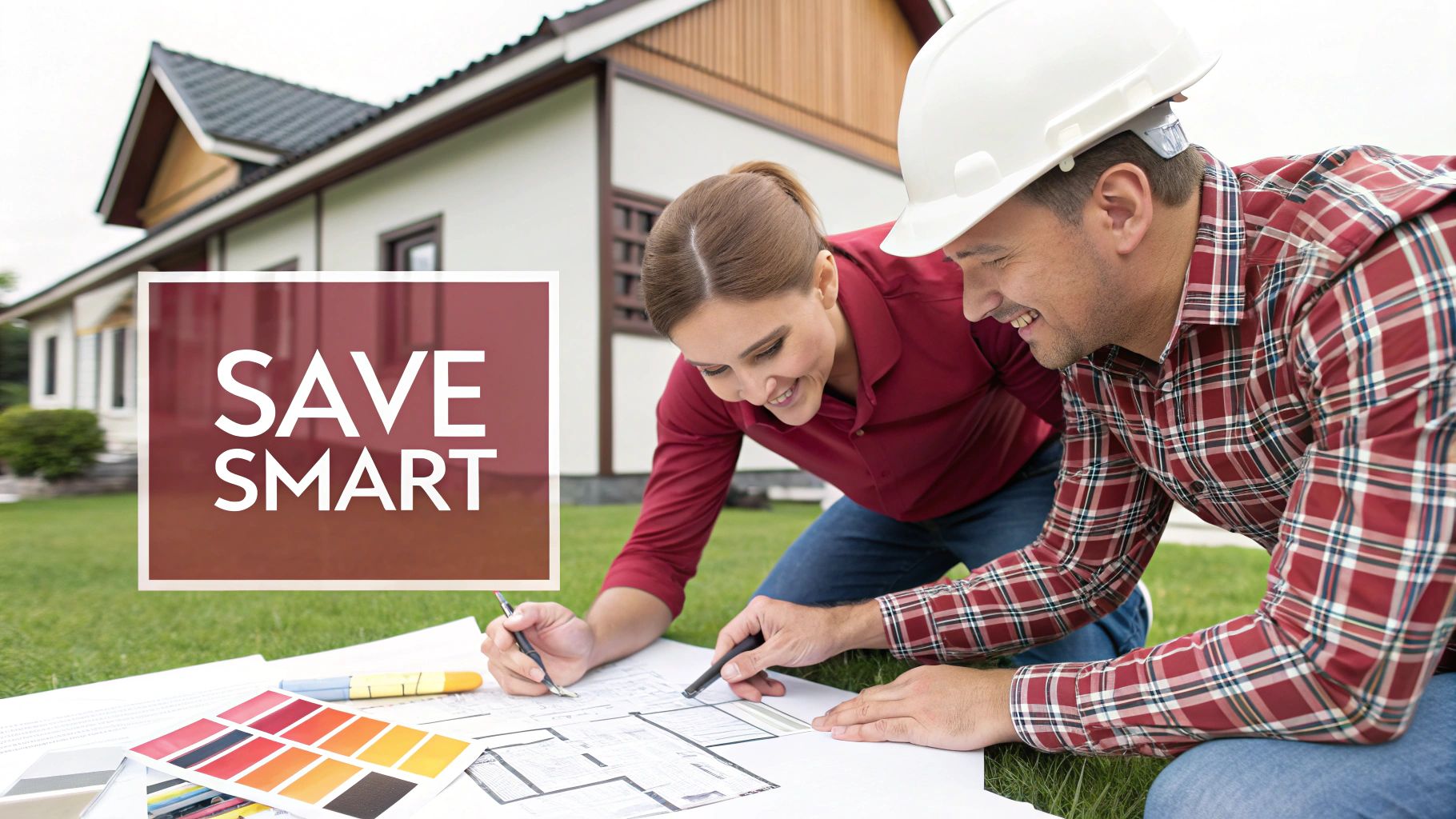Couple reviewing home renovation blueprints and color samples outside house with construction worker
