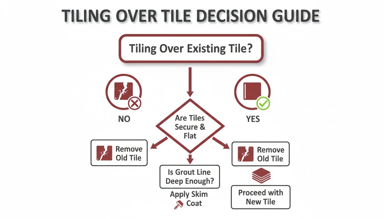 Decision guide flowchart for tiling over existing tiles, checking flatness, security, and grout lines.