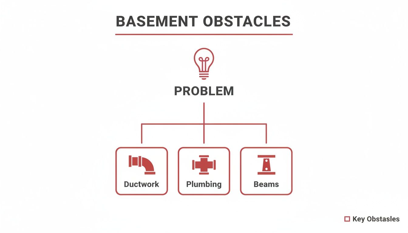 A diagram illustrating common basement obstacles, including ductwork, plumbing, and support beams, as key problems.