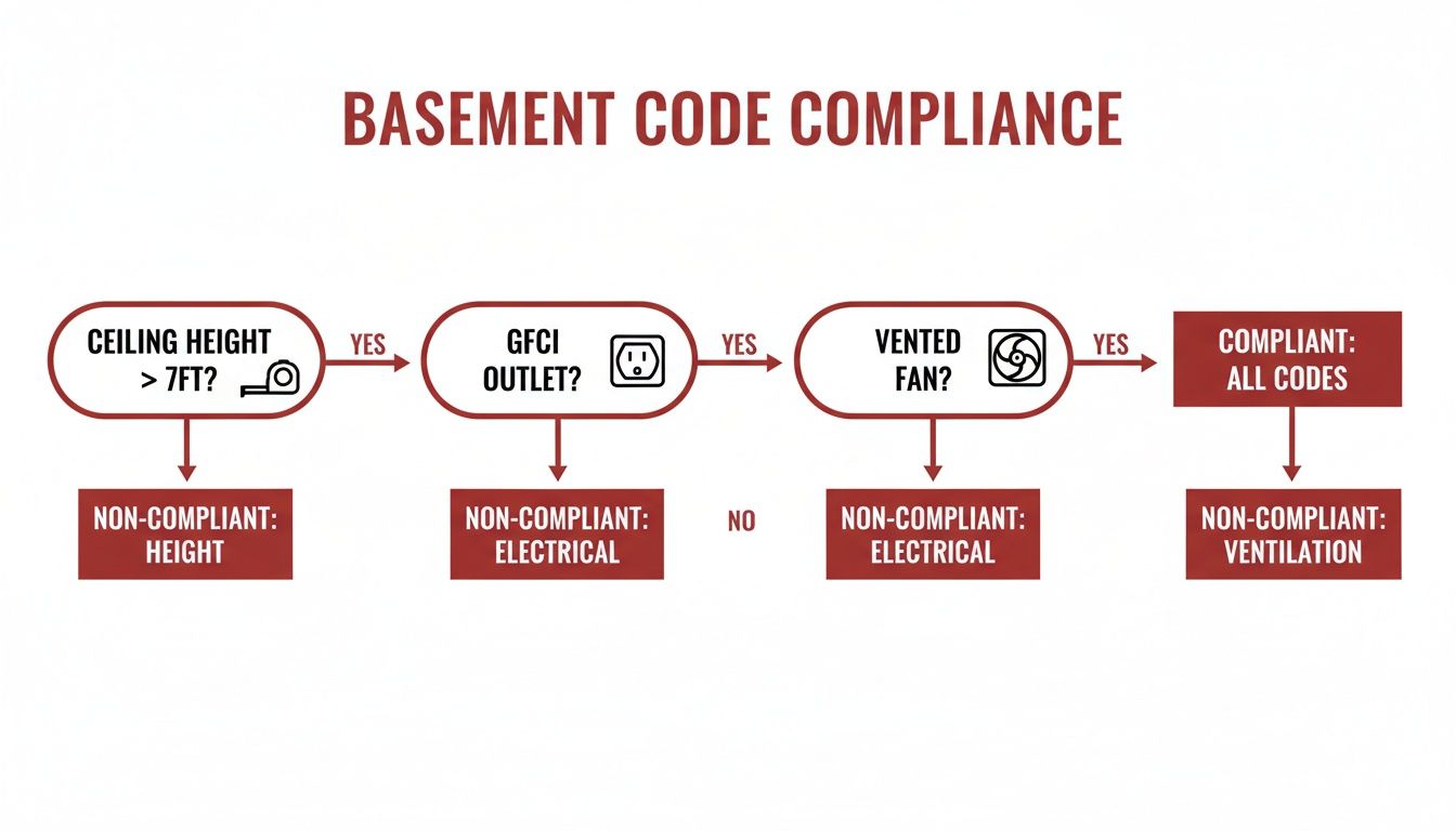 Flowchart illustrating basement code compliance checks for ceiling height, electrical, and ventilation.