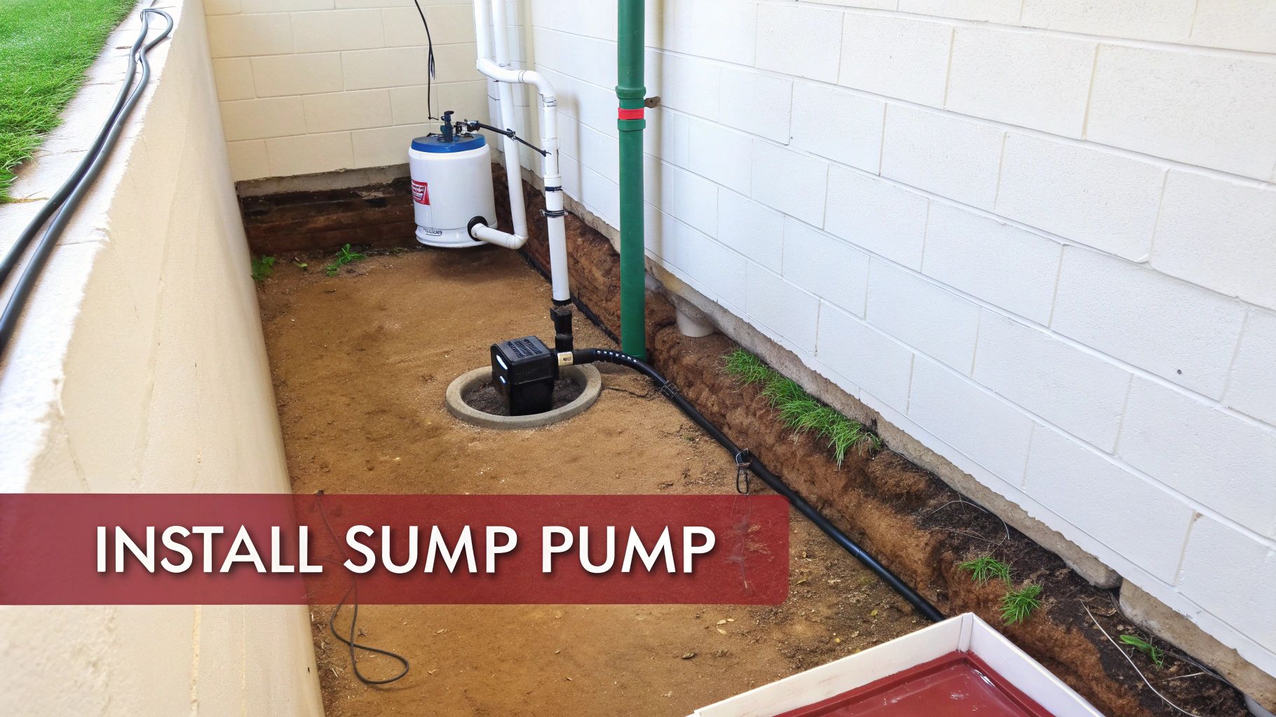 Newly installed sump pump system with pipes in a dirt-floored basement or crawl space.