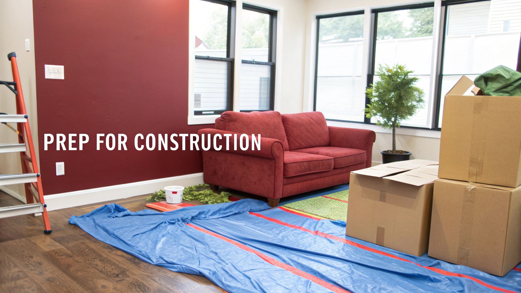 A partially deconstructed kitchen with exposed framing and dust barriers, signifying the start of the construction phase.