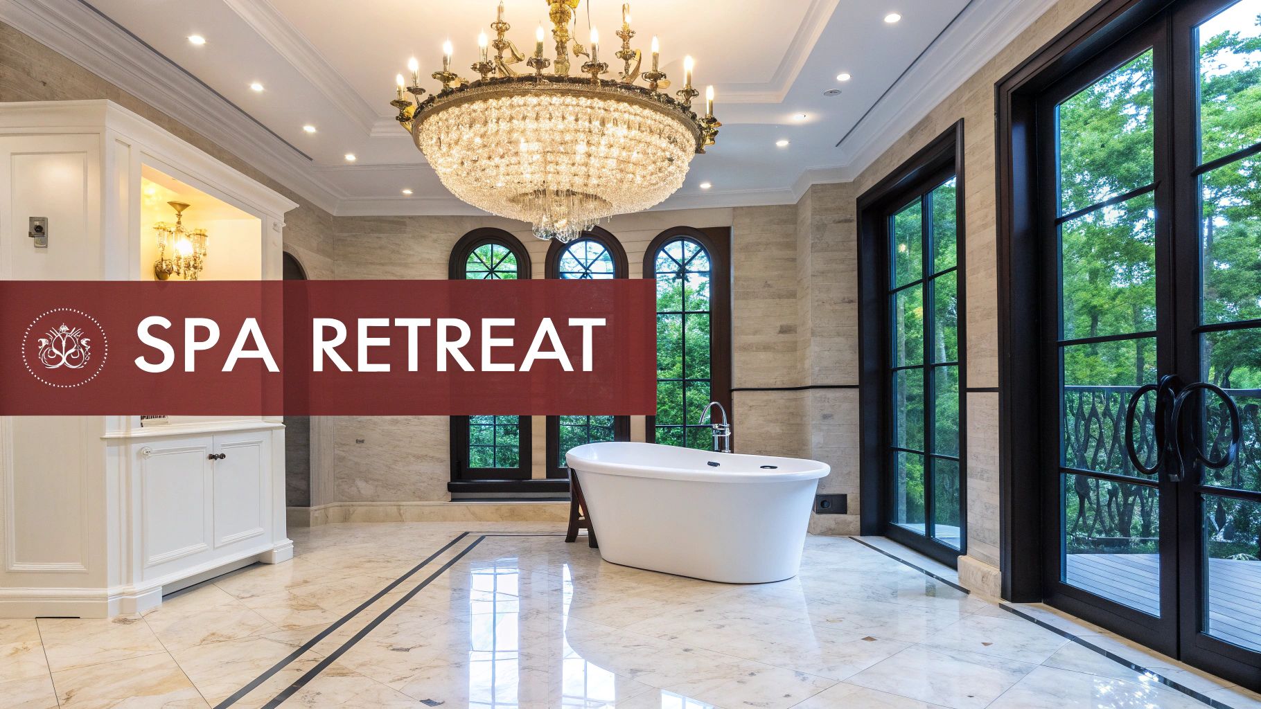 A grand spa bathroom featuring a sparkling crystal chandelier, white freestanding tub, and large windows with tree views.
