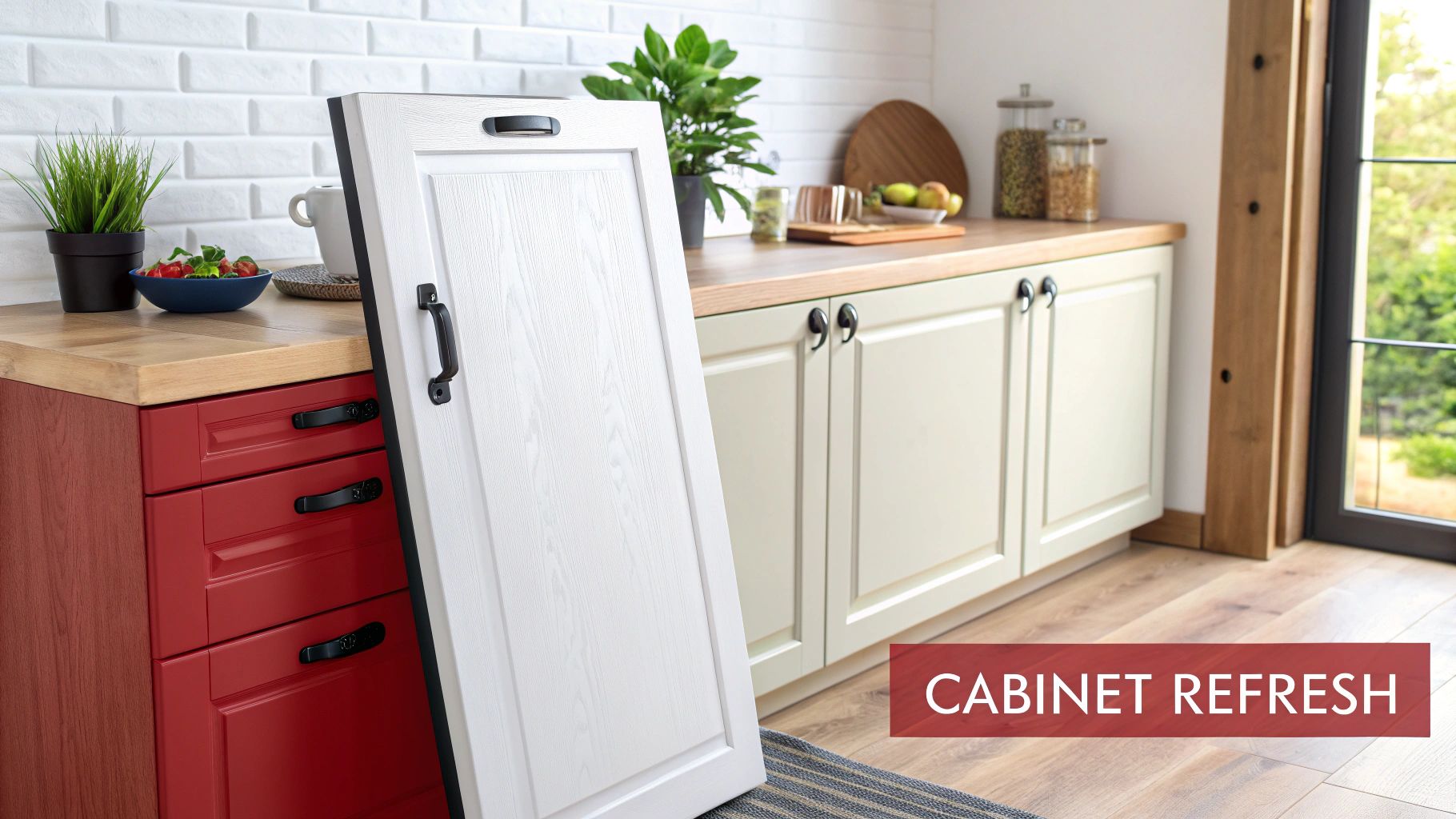 White cabinet door leaning against red kitchen drawers showcasing budget-friendly cabinet refresh renovation ideas