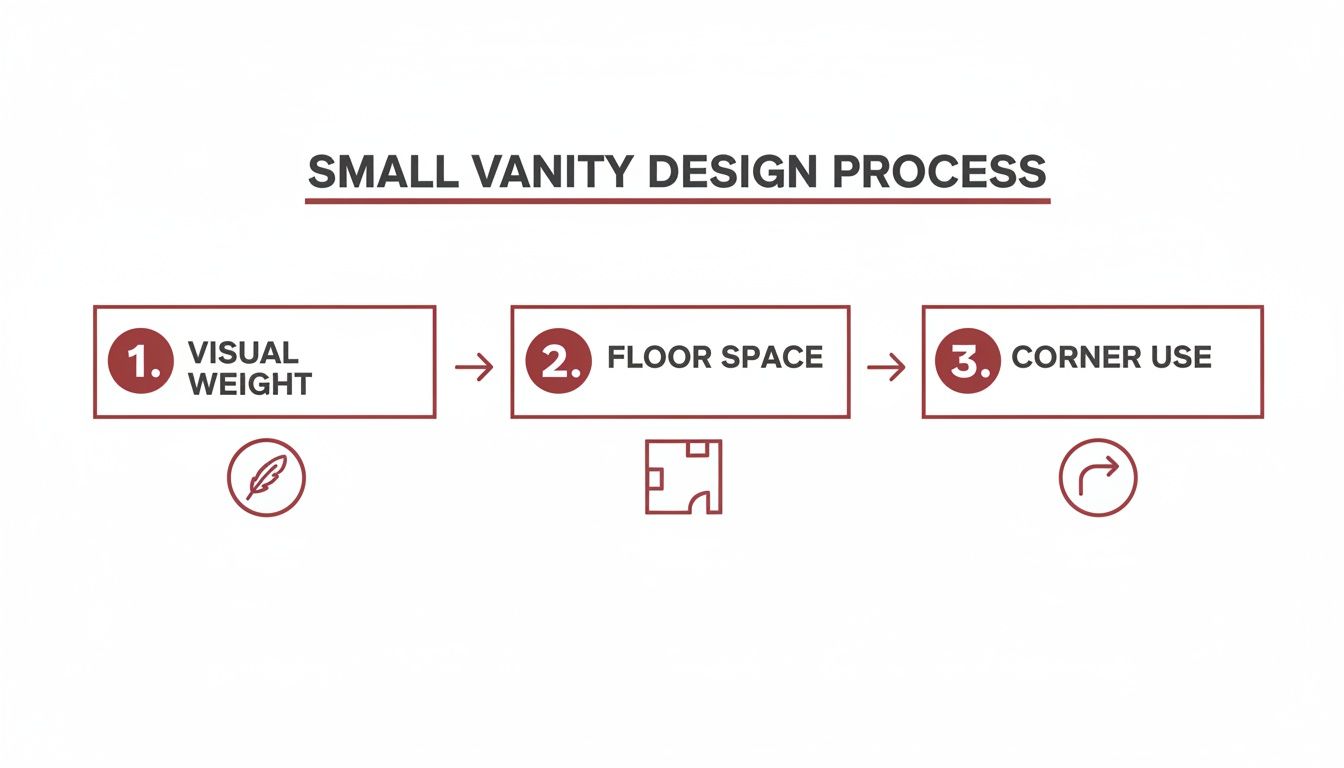 Diagram illustrating the three steps of the small vanity design process: visual weight, floor space, and corner use.