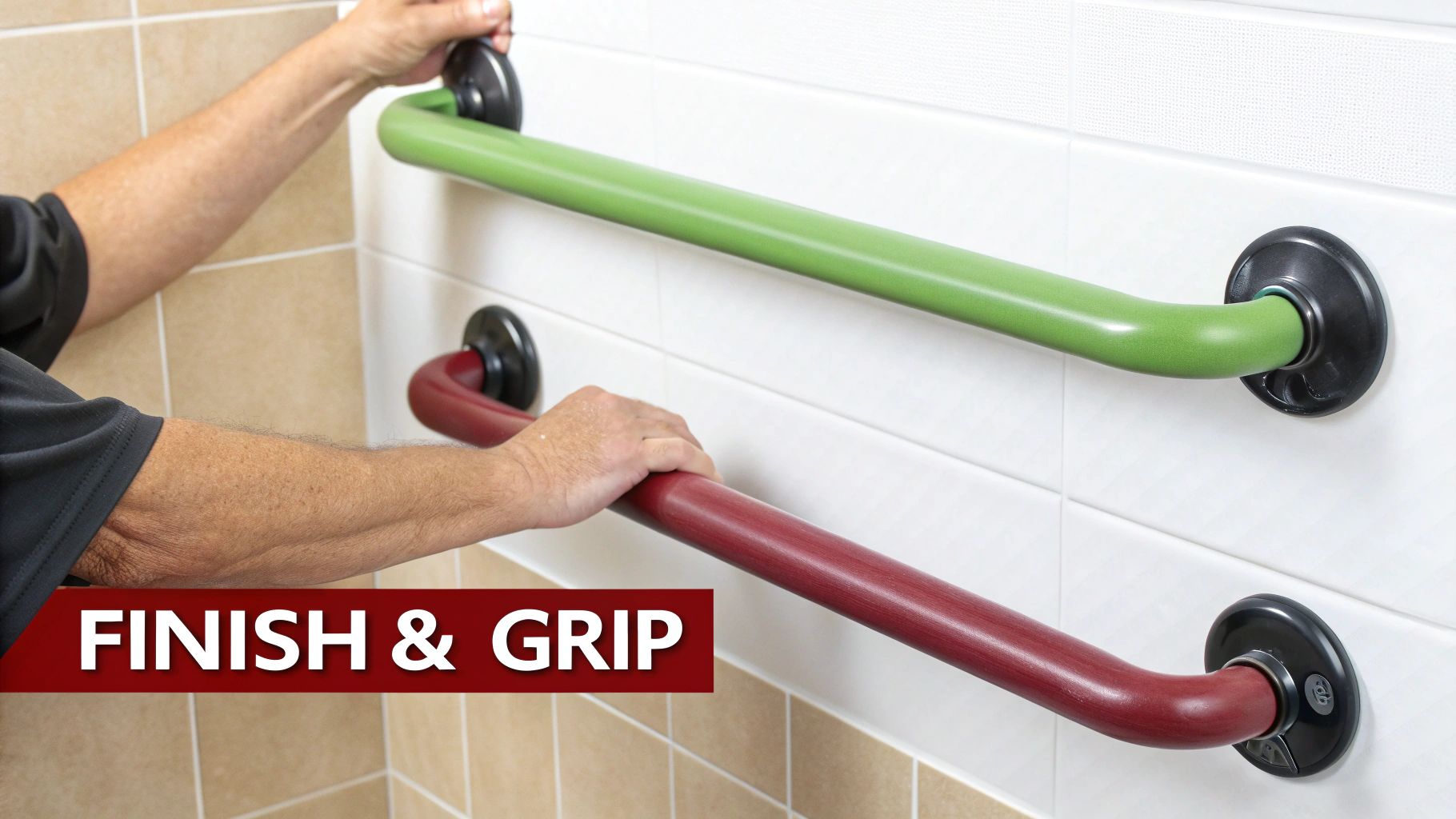 A person's hands demonstrate the finish and grip of green and red grab bars on a tiled bathroom wall.