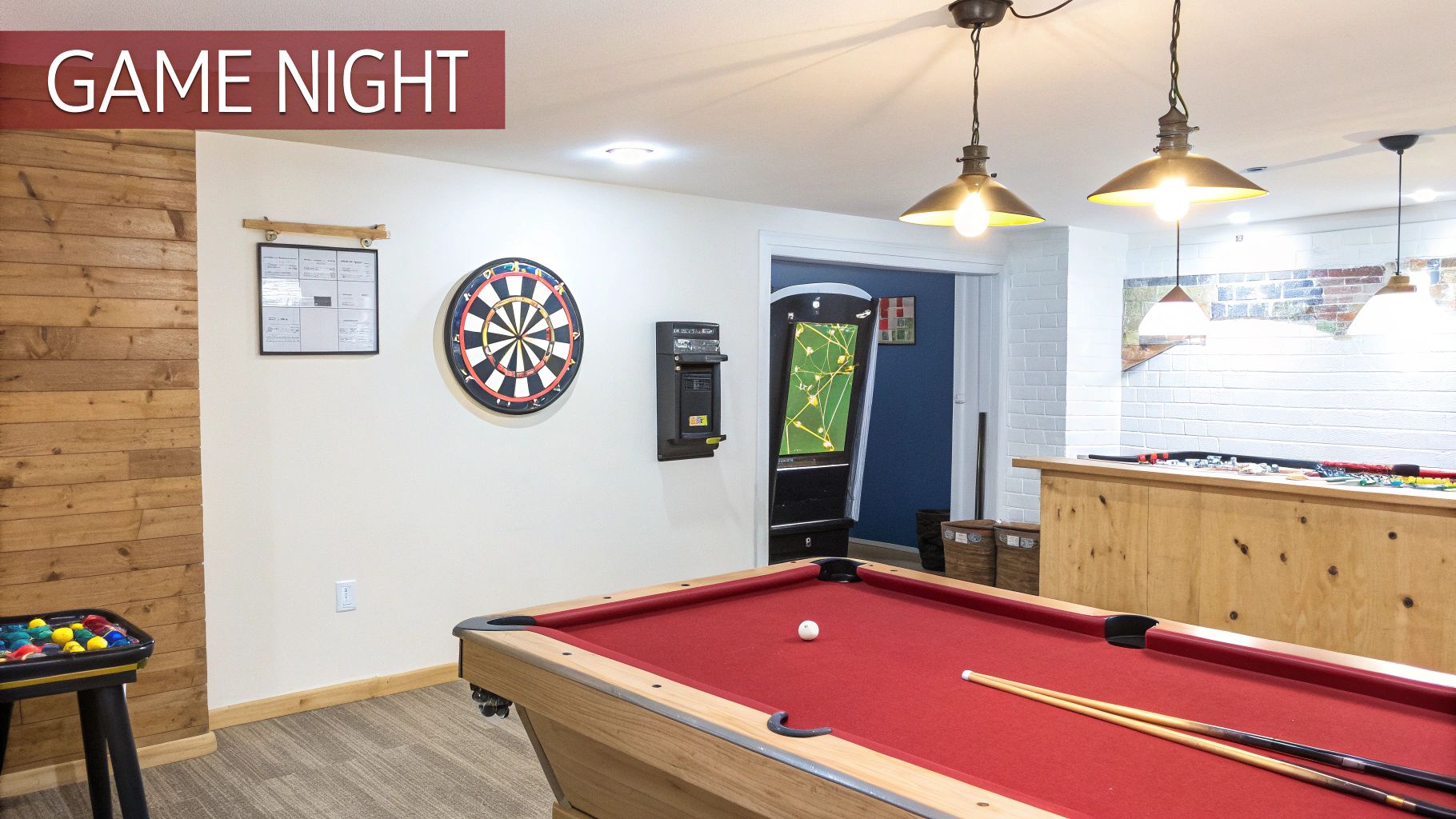 A well-lit basement game room featuring a red pool table, dartboard, and wooden bar.