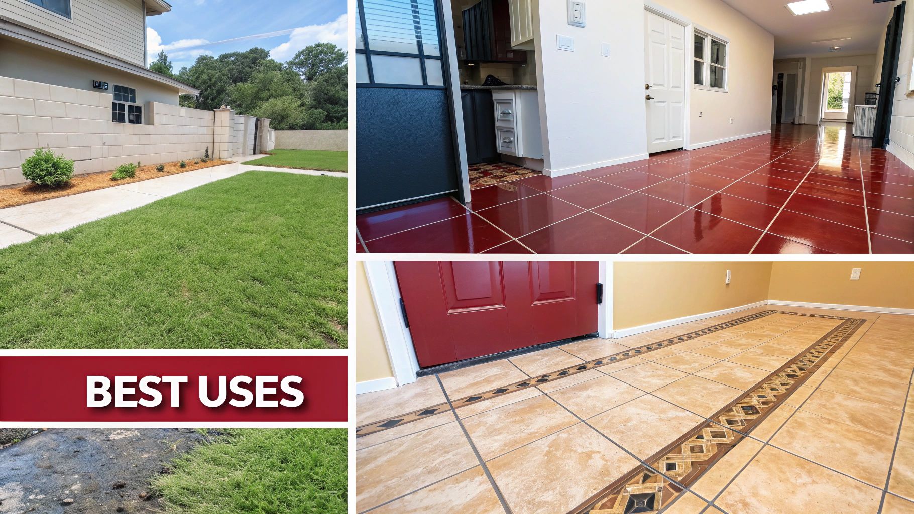 A collage showing home exterior landscaping, glossy red interior floor tiles, and decorative beige interior floor tiles.