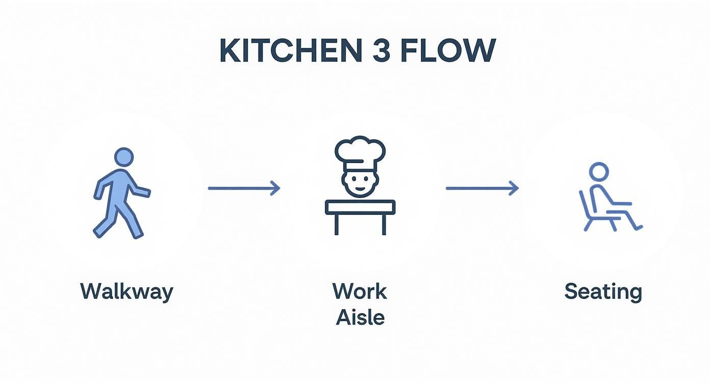 Flow diagram illustrating a kitchen layout: walkway, work aisle with a chef, and a seating area.