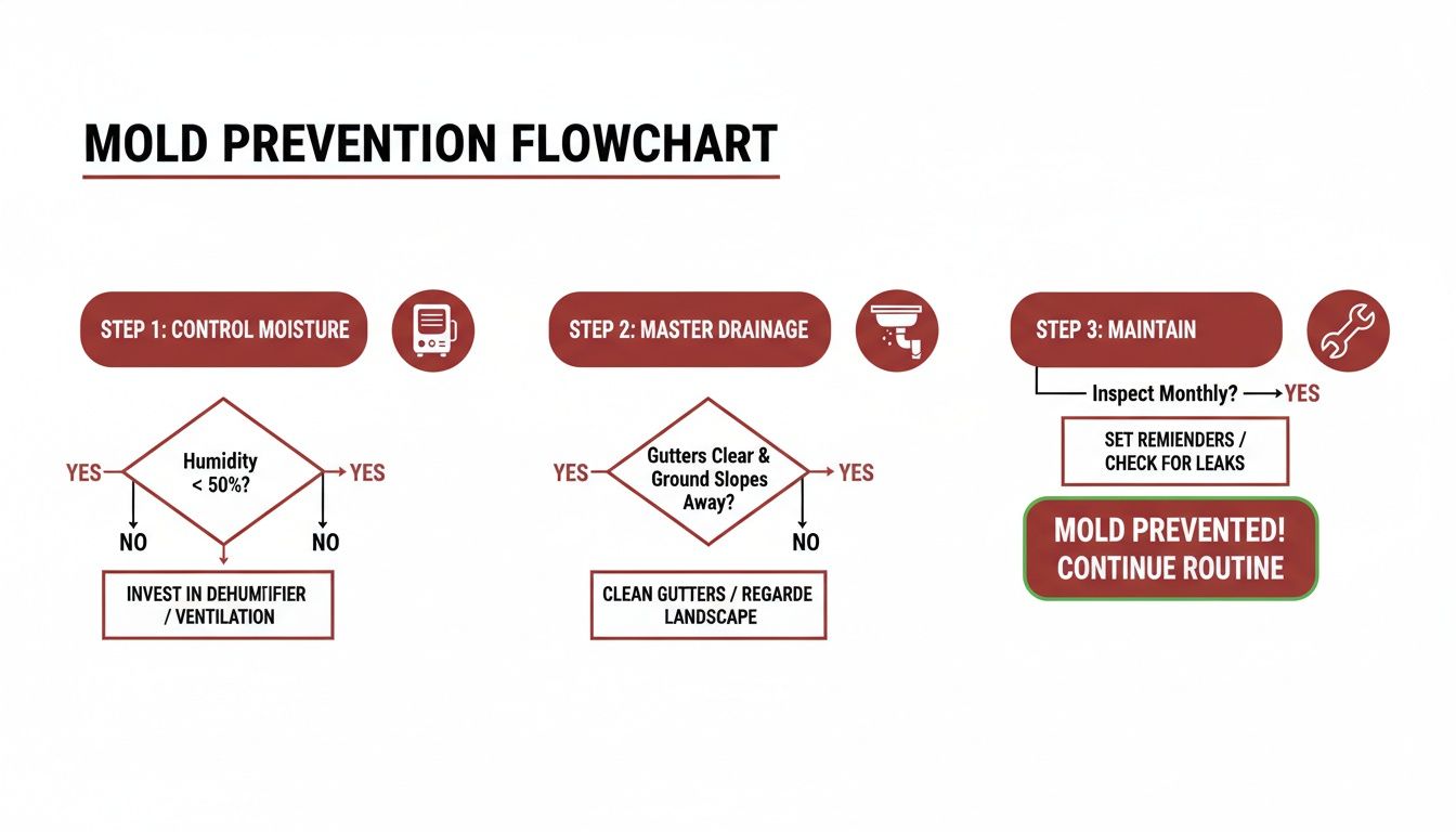 Flowchart detailing three steps for mold prevention: control moisture, master drainage, and regular maintenance.