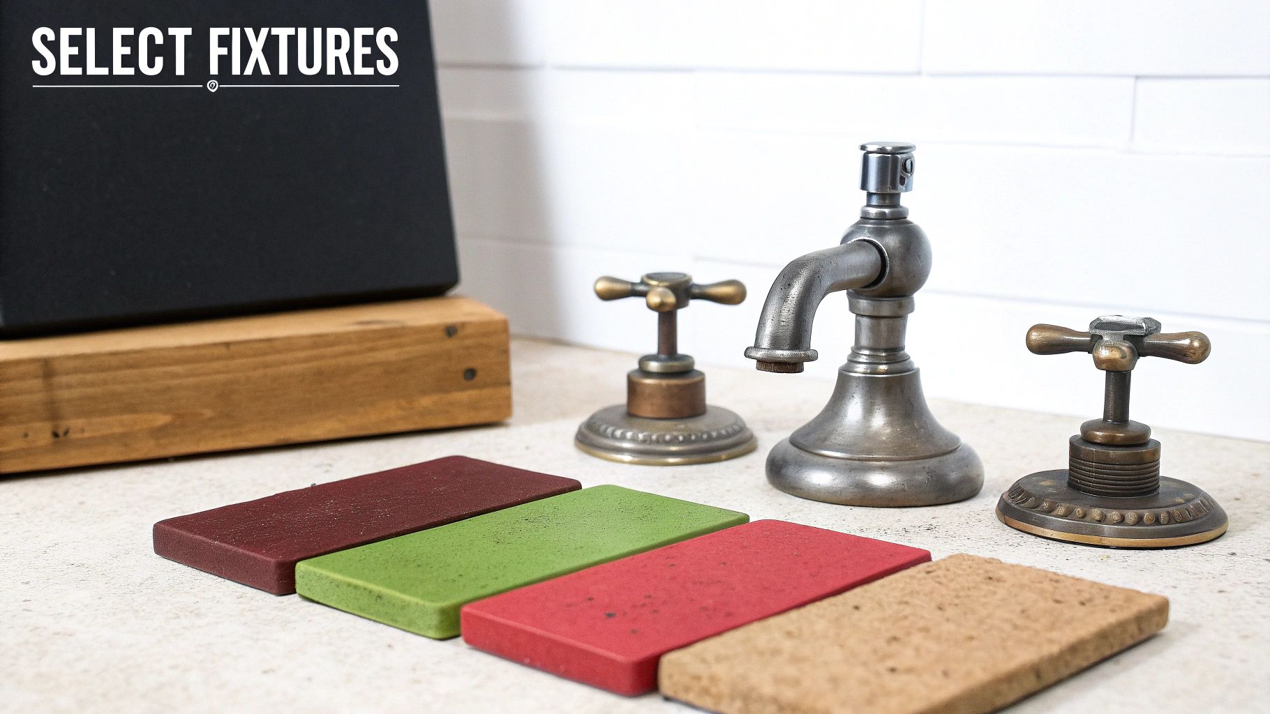 Close-up of antique-style bathroom faucet fixtures and colorful material samples on a countertop.