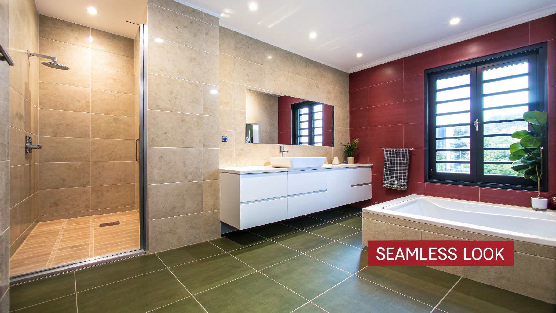 A modern bathroom features beige and red wall tiles, green floor tiles, a floating vanity, shower, and bathtub.