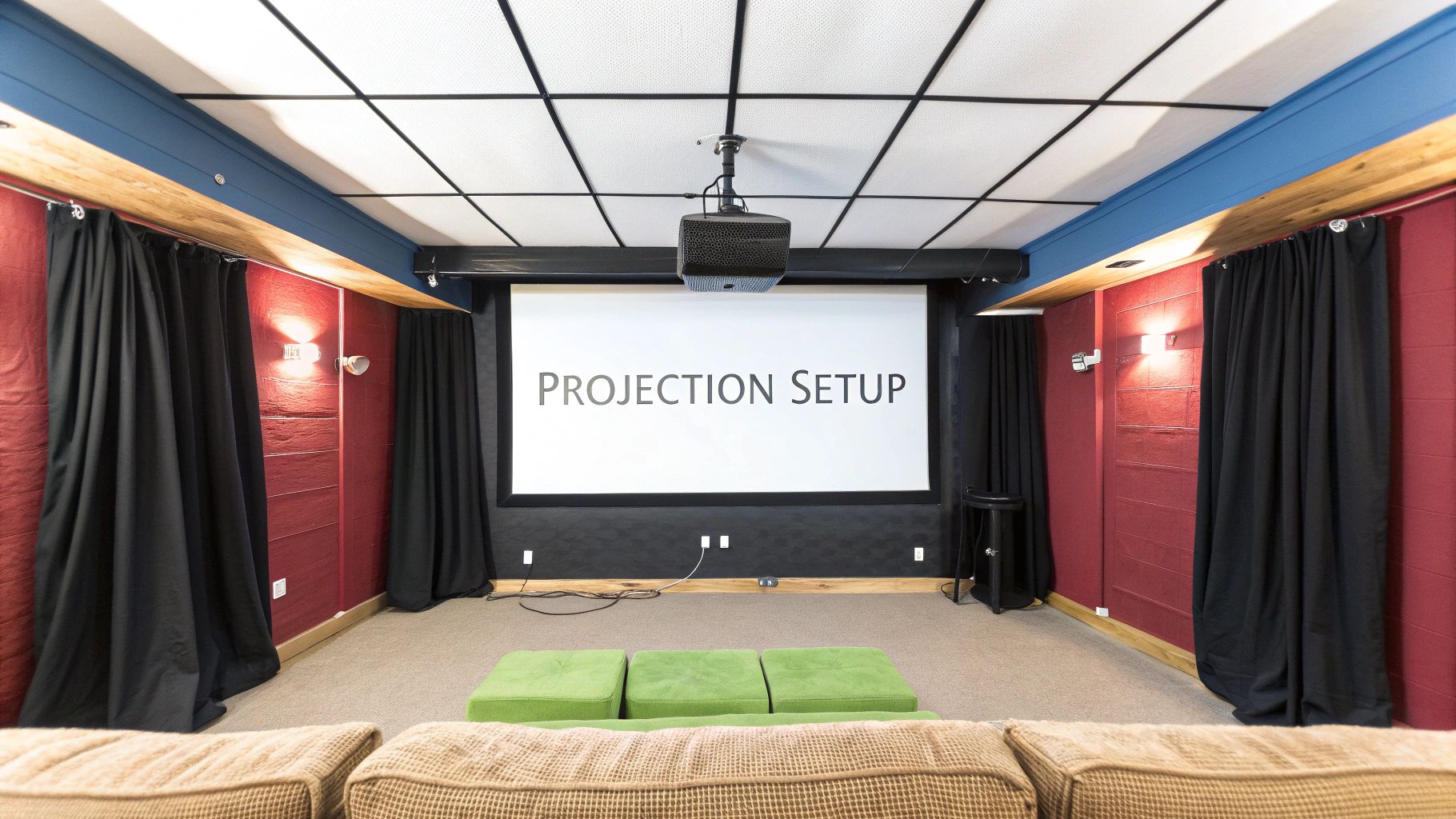 A modern basement home theater setup featuring a projection screen, ceiling projector, and comfortable seating.