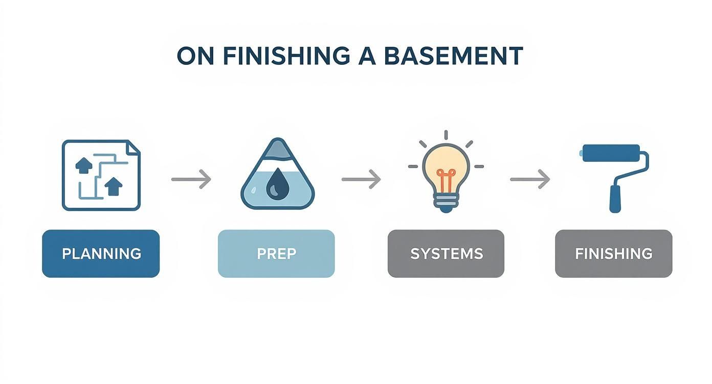 Four step basement finishing process showing planning, prep, systems installation, and finishing stages with icons