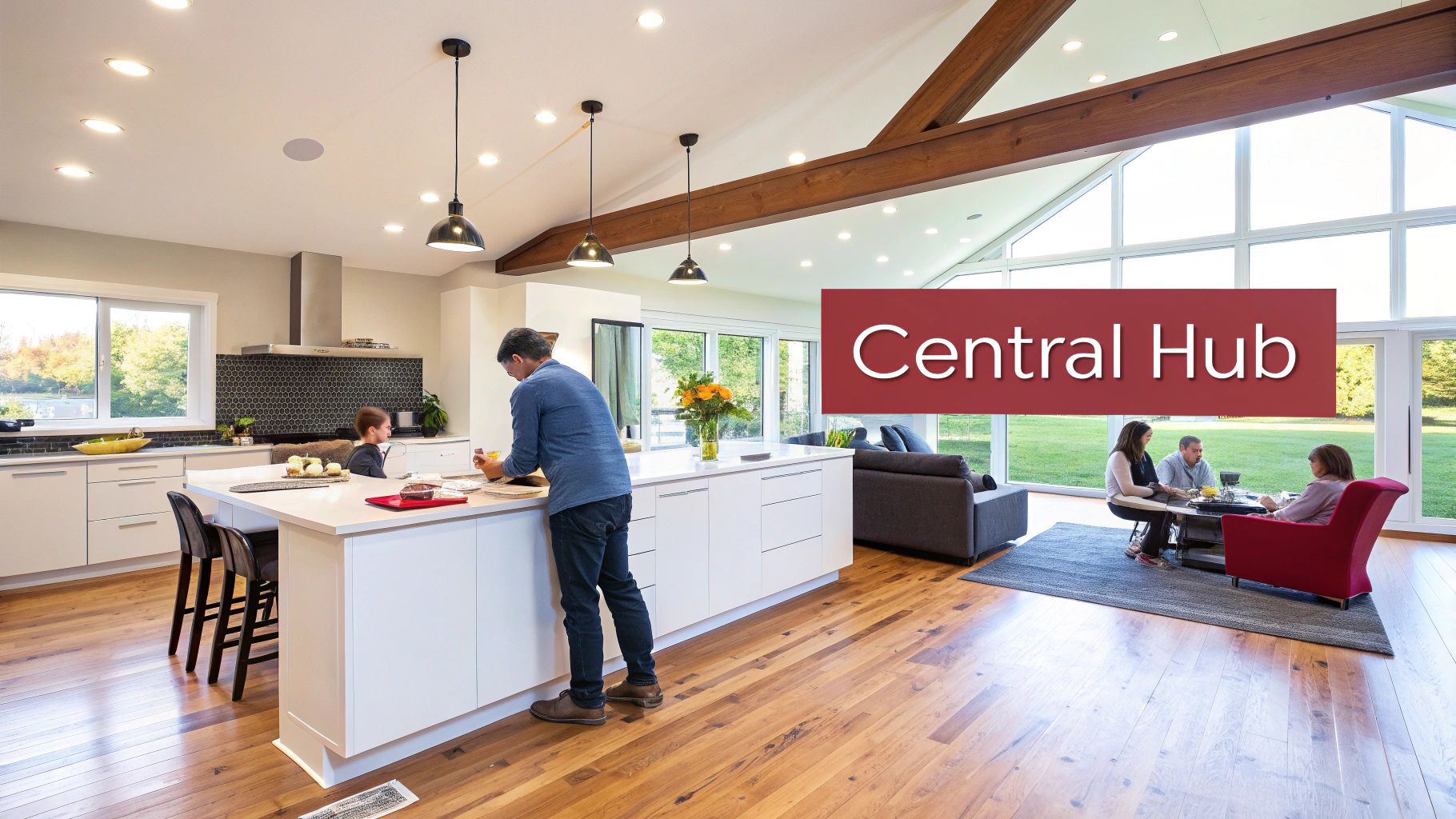 A family enjoys a bright, open-concept kitchen and living area with large windows.