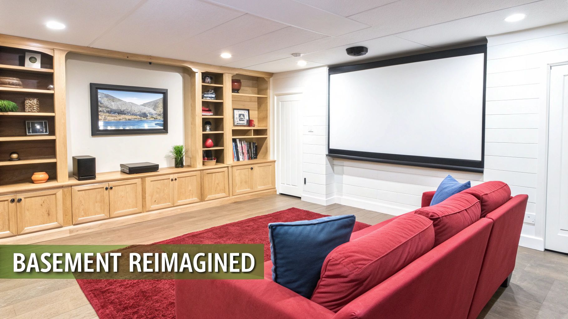 A modern basement home theater with a red sofa, built-in wooden shelves, TV, and projector screen.