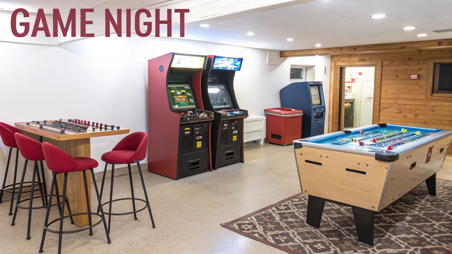 A vibrant basement game room with a foosball table, arcade machines, and a shuffleboard table, perfect for game night fun.