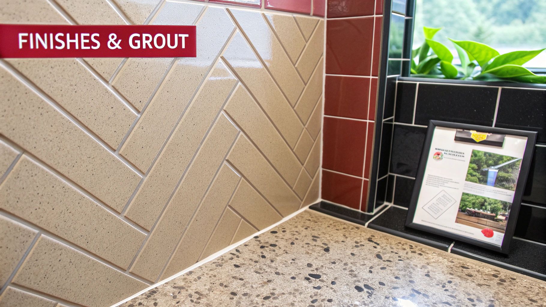 Woman reviewing tile samples and budget plans for a bathroom remodel