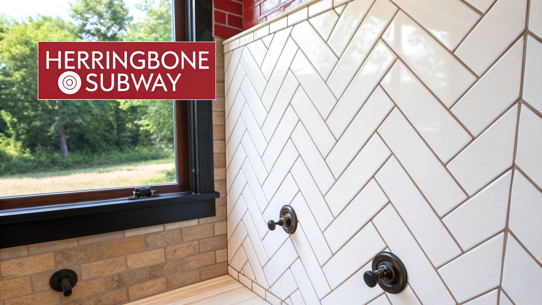 A bathroom wall features white glossy herringbone subway tiles with bronze fixtures and a window overlooking greenery.