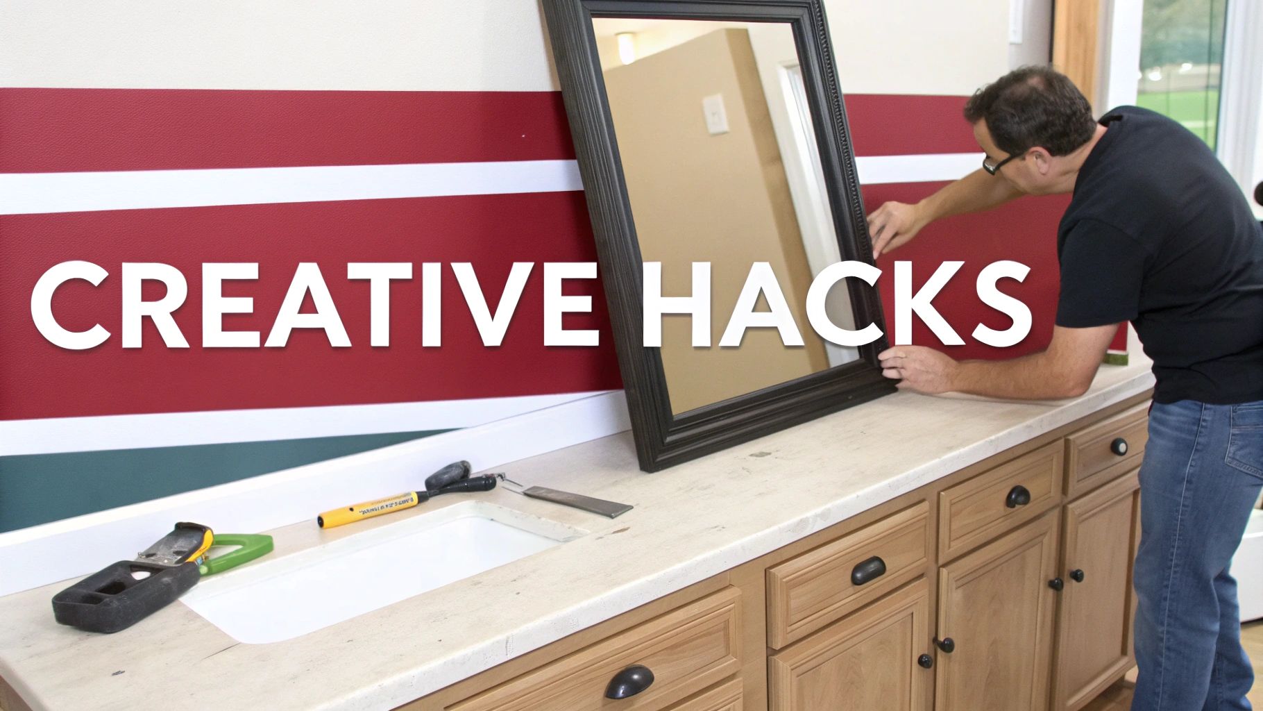 A man places a framed mirror on a bathroom counter with tools and "CREATIVE HACKS" text visible.