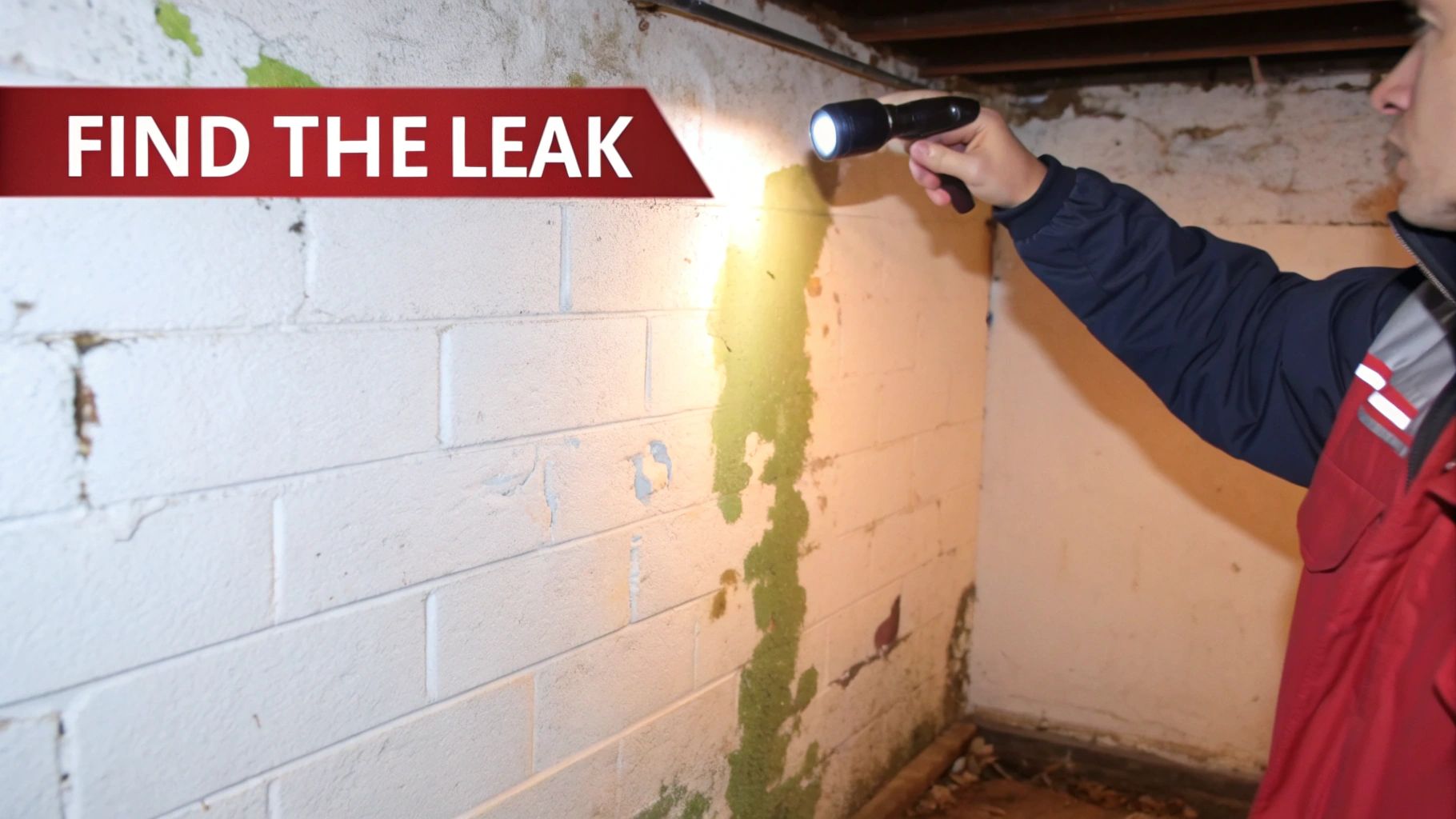 A person shines a flashlight on a damp basement wall with green mold, investigating a water leak.