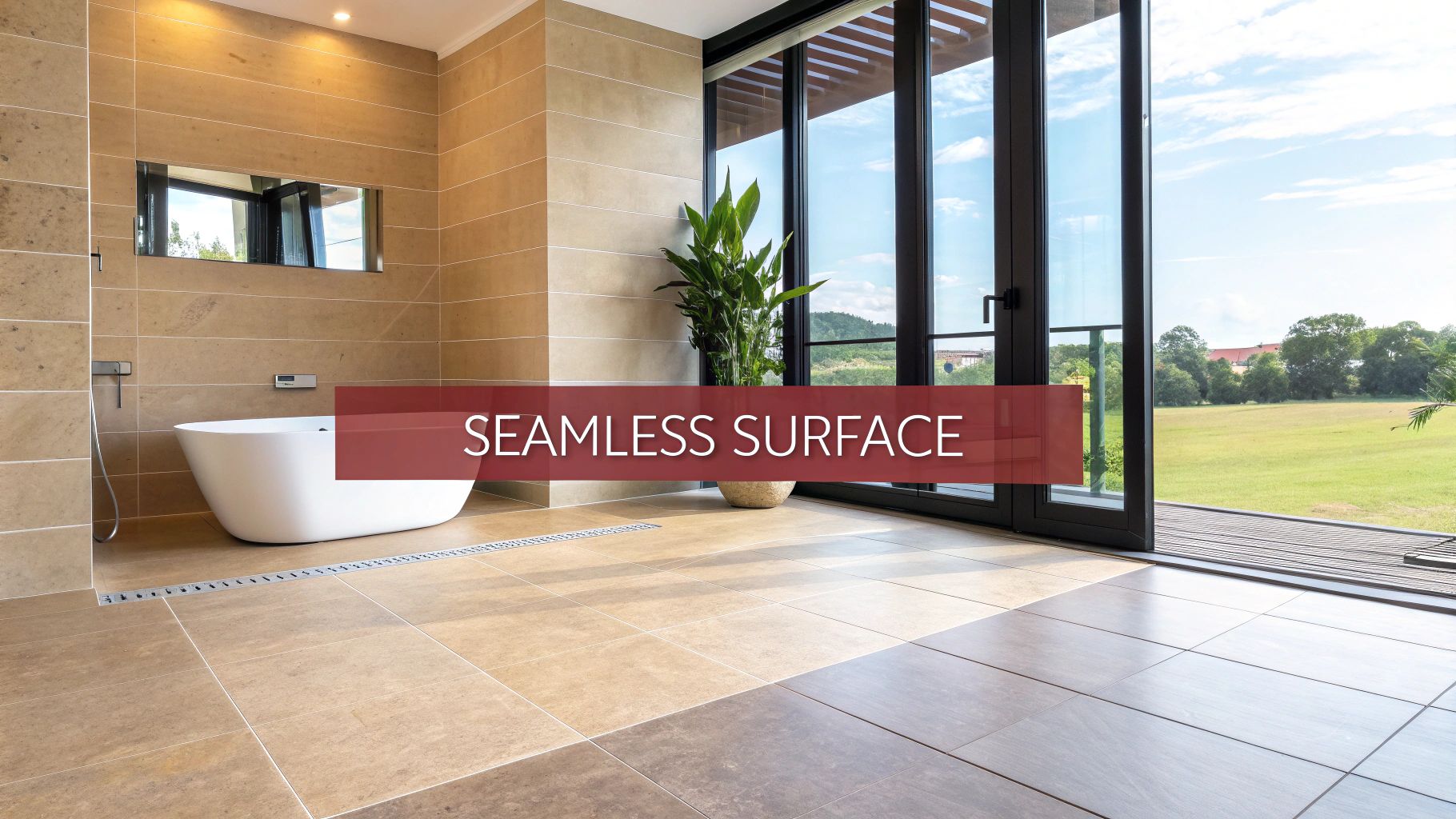 Modern bathroom with a freestanding tub, beige tiled walls and floor, and large glass doors to a lawn.