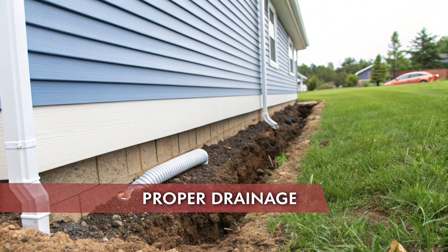 A trench with a white corrugated pipe for proper drainage along a house with blue siding and a green lawn.