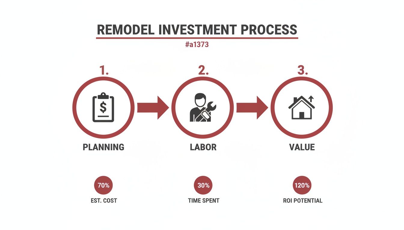 Infographic showing a 3-step remodel investment process: Planning, Labor, and Value, with percentages for cost and ROI.
