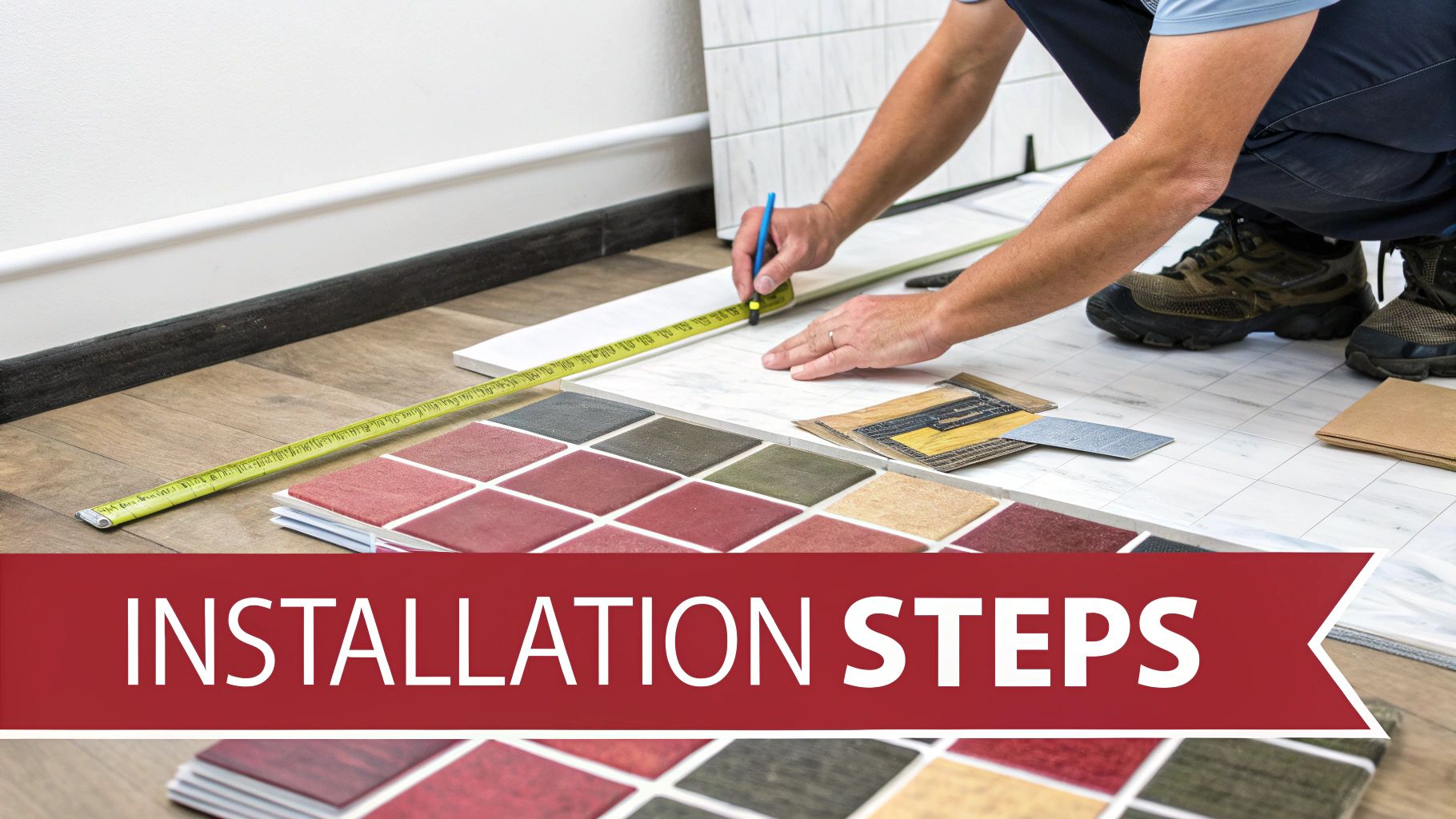 A contractor carefully installing large grey tiles in a curbless shower.