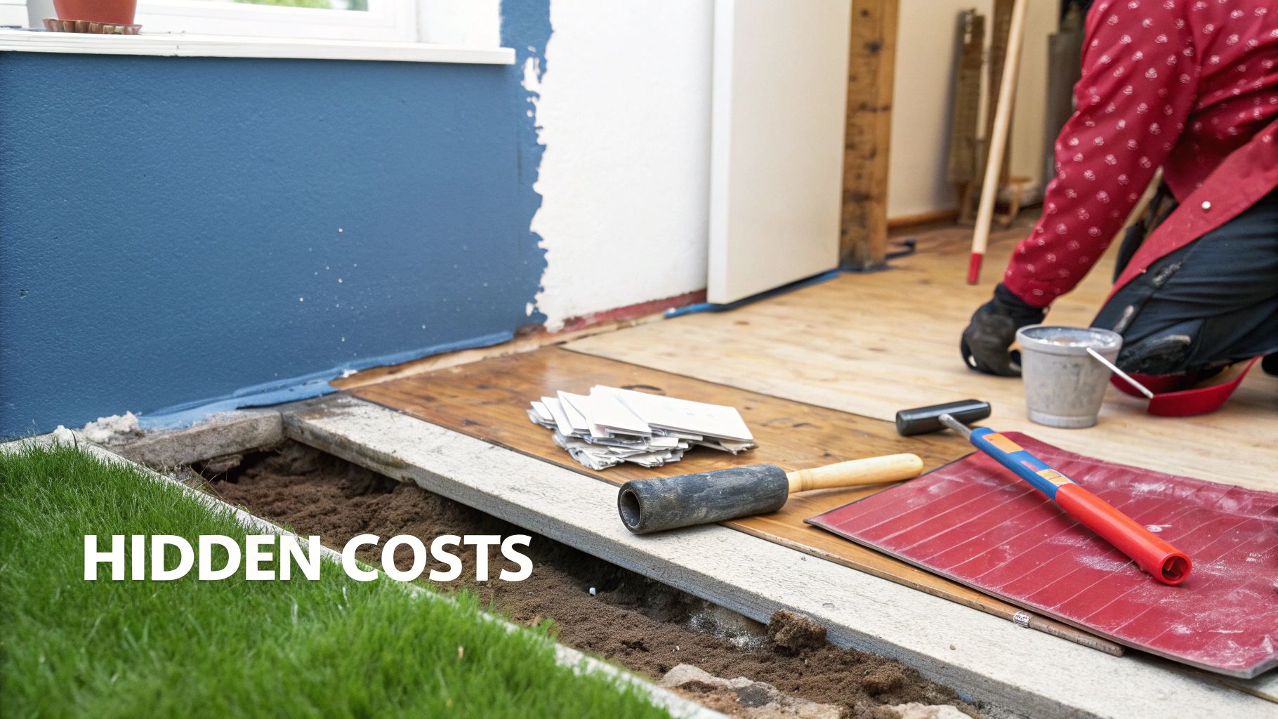 A close-up of a construction worker meticulously waterproofing a shower corner before tiling.