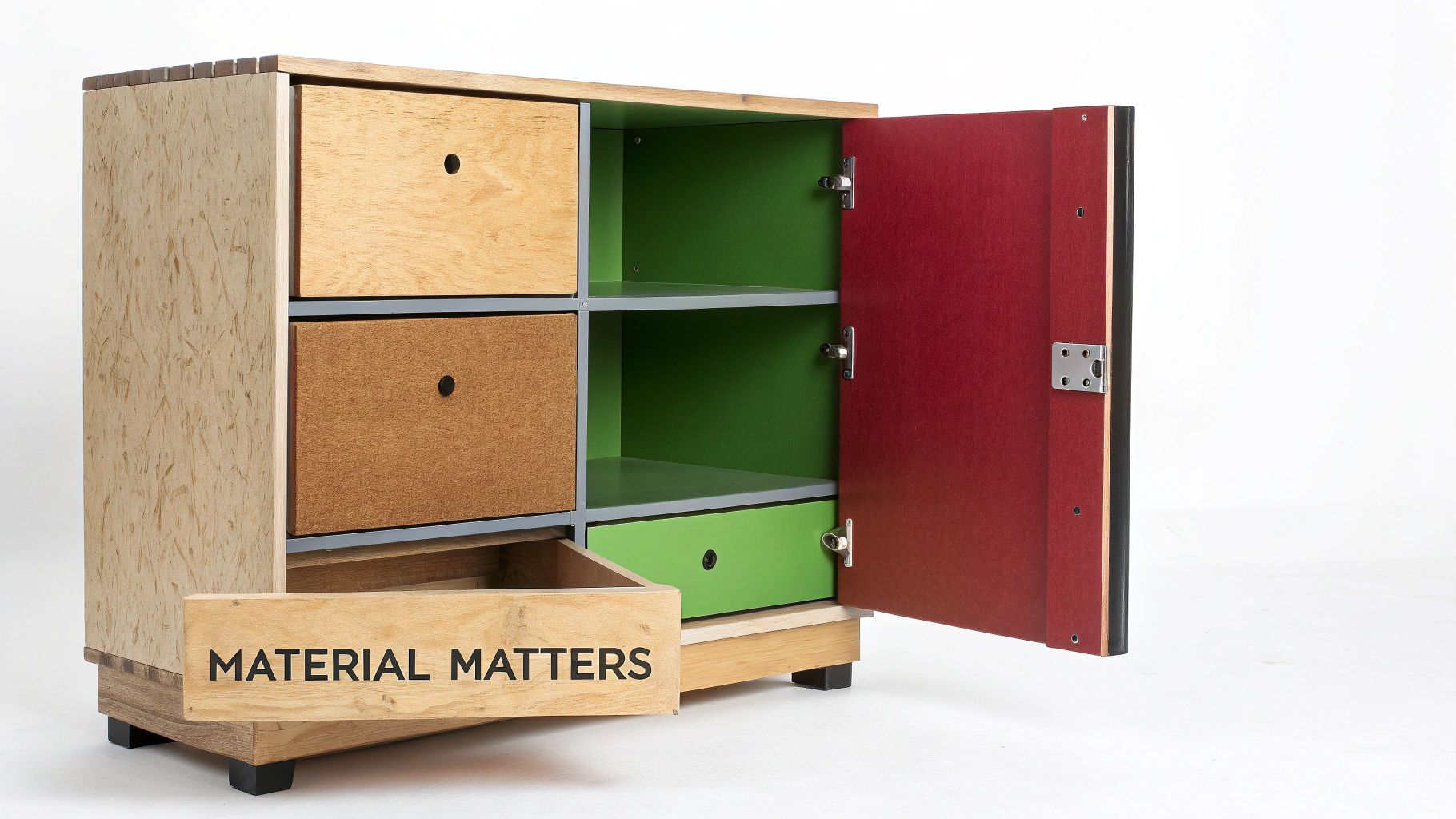 A colorful, multi-material cabinet with an open red door, green shelves, and unique drawers, one stating 'MATERIAL MATTERS'.