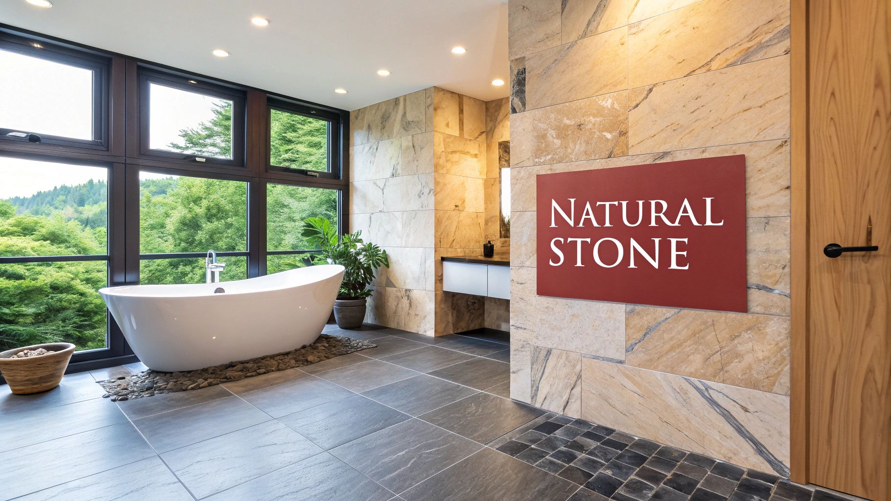 Luxurious bathroom with a freestanding tub, large windows, natural stone walls, and dark tiled floor.