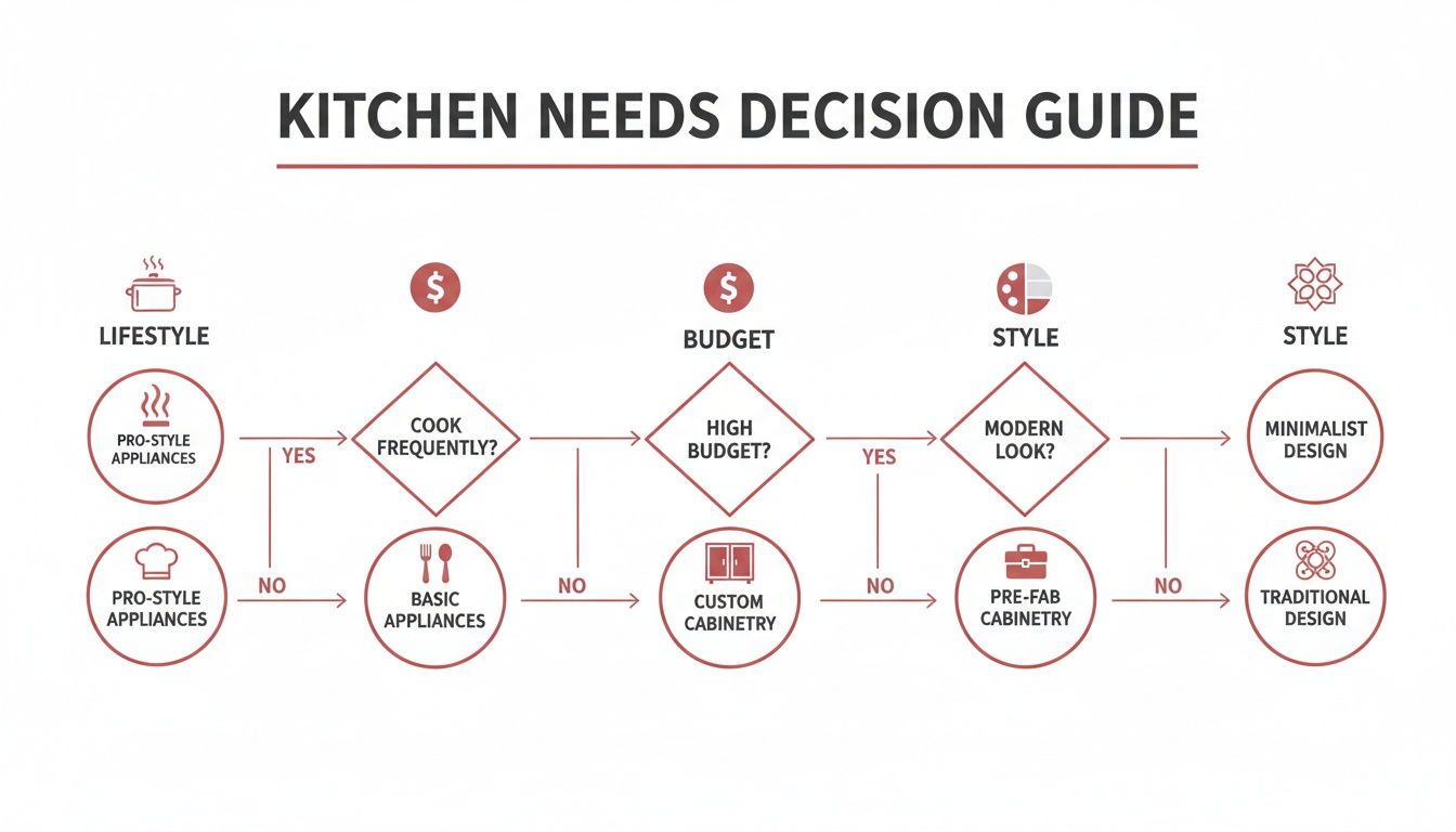 Flowchart outlining kitchen design decisions based on lifestyle, budget, and style preferences.