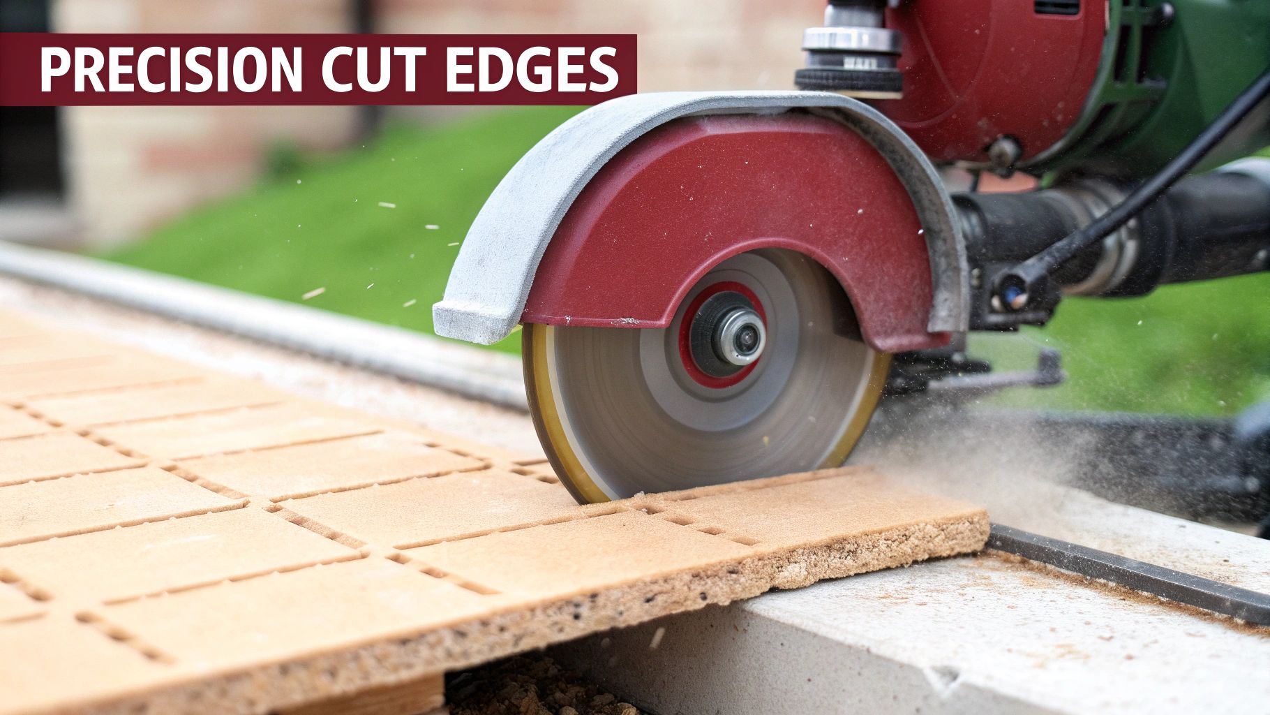 A circular saw cutting a rectified tile to create a precise edge, generating dust.