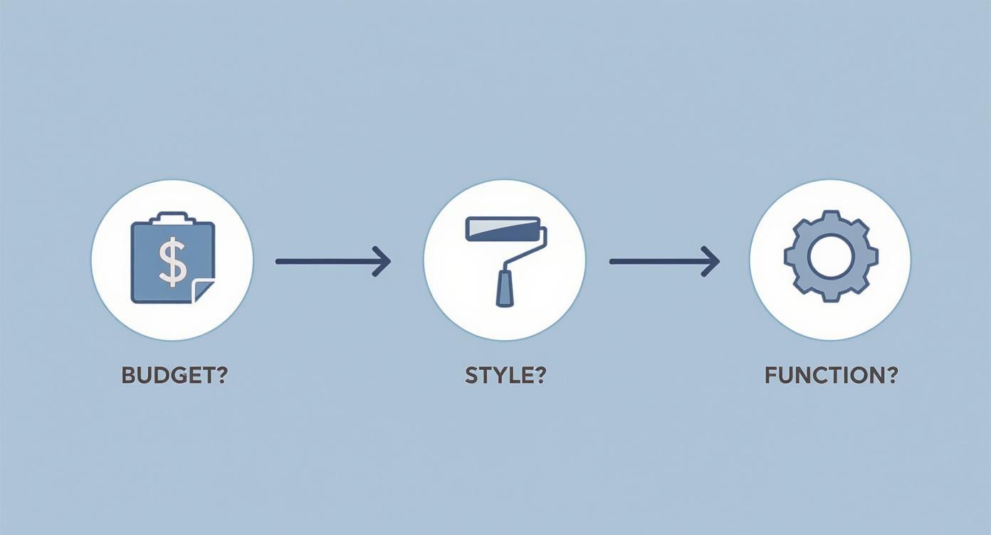 A diagram illustrating the decision process with icons for budget, style, and function.