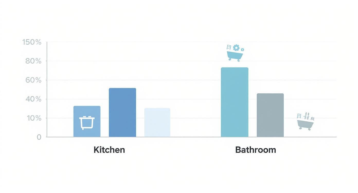 Bar chart comparing percentage values for various items or tasks in kitchen and bathroom categories.
