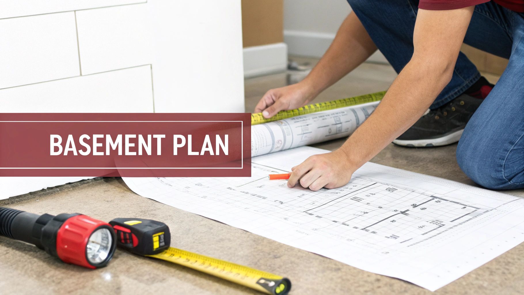 A person kneels on the floor, unrolling architectural basement blueprints, with measuring tape and a flashlight.