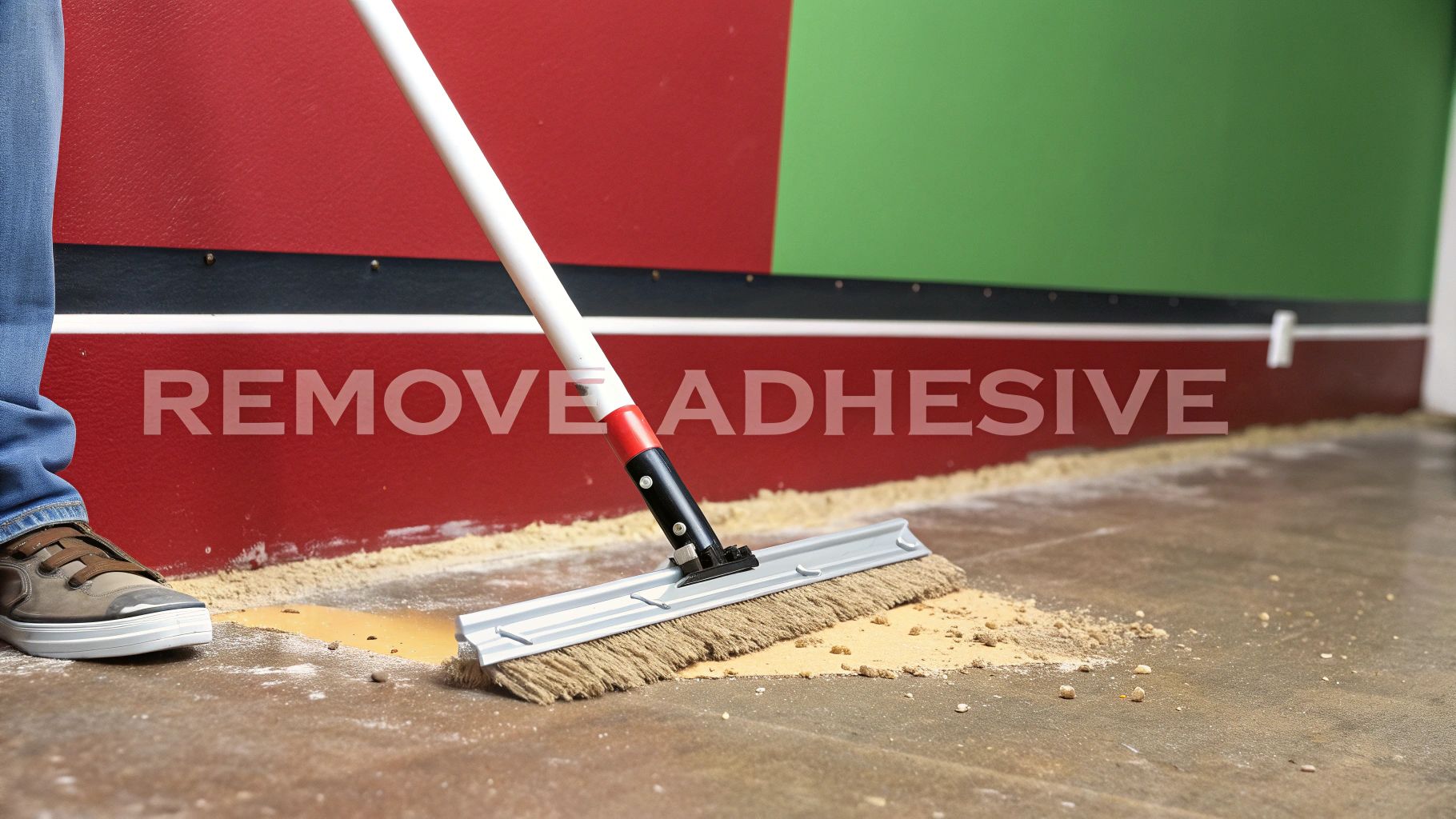 A person sweeps yellow adhesive residue and debris from a concrete floor with a push broom.