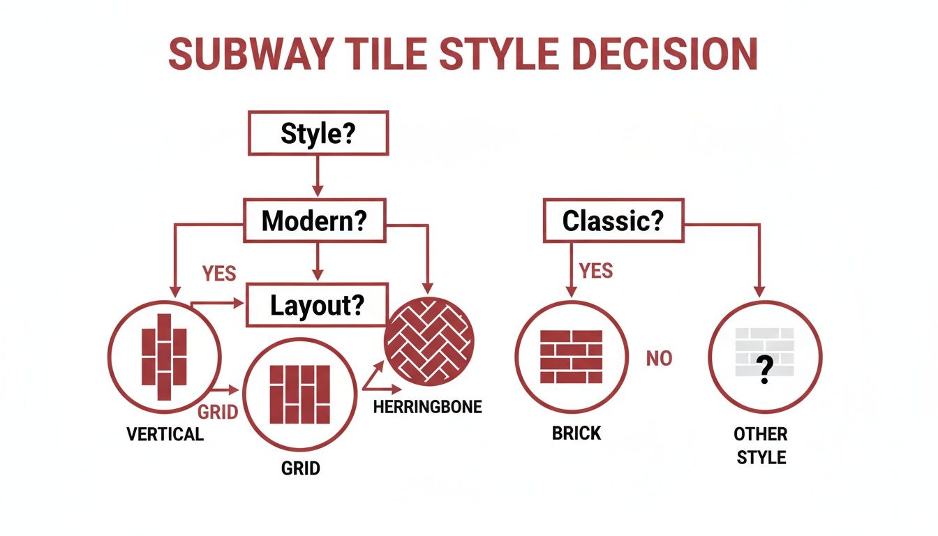 Flowchart guiding subway tile style decisions, presenting modern layouts like vertical and herringbone, and classic brick options.
