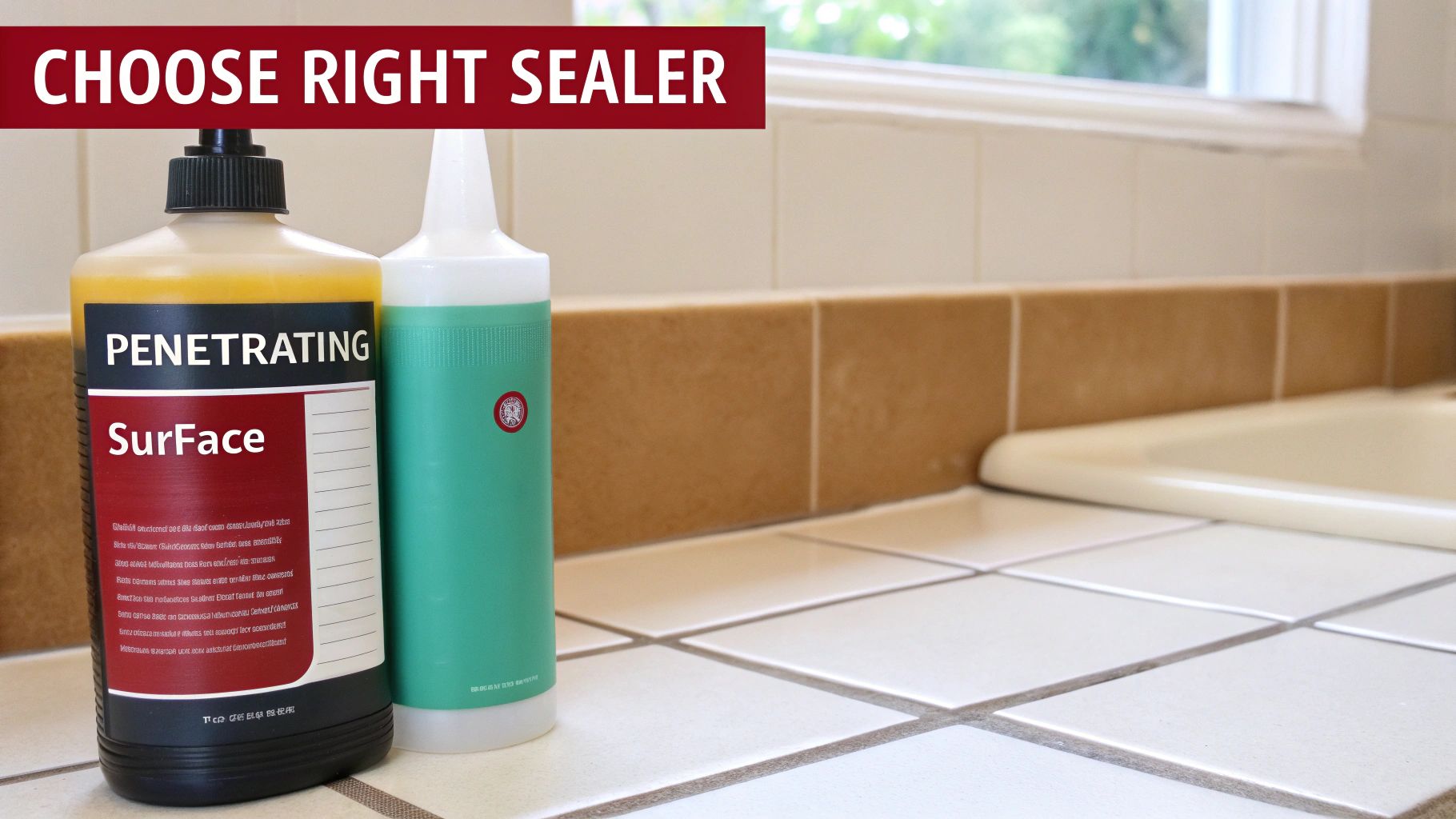 Two bottles of tile sealer sit on a tiled kitchen countertop next to a sink, with text 'CHOOSE RIGHT SEALER'.