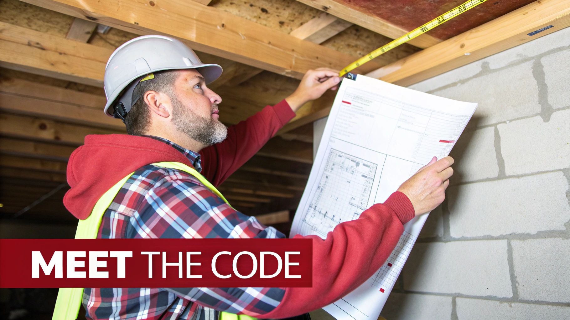 A construction worker measures a basement ceiling joist while reviewing building plans and safety codes.
