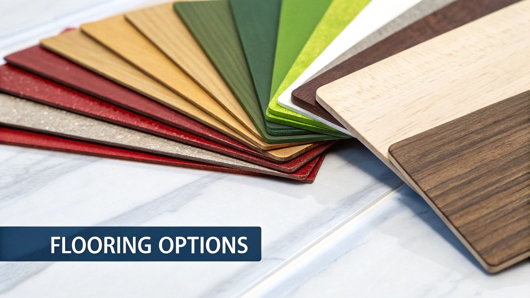 A fan of diverse flooring samples, including various wood tones, solid colors, and textured finishes, displayed on a marble surface.