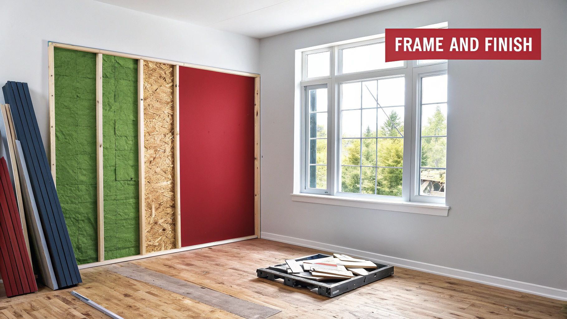 Room under construction showing exposed wall framing with insulation and red drywall panel for basement finishing