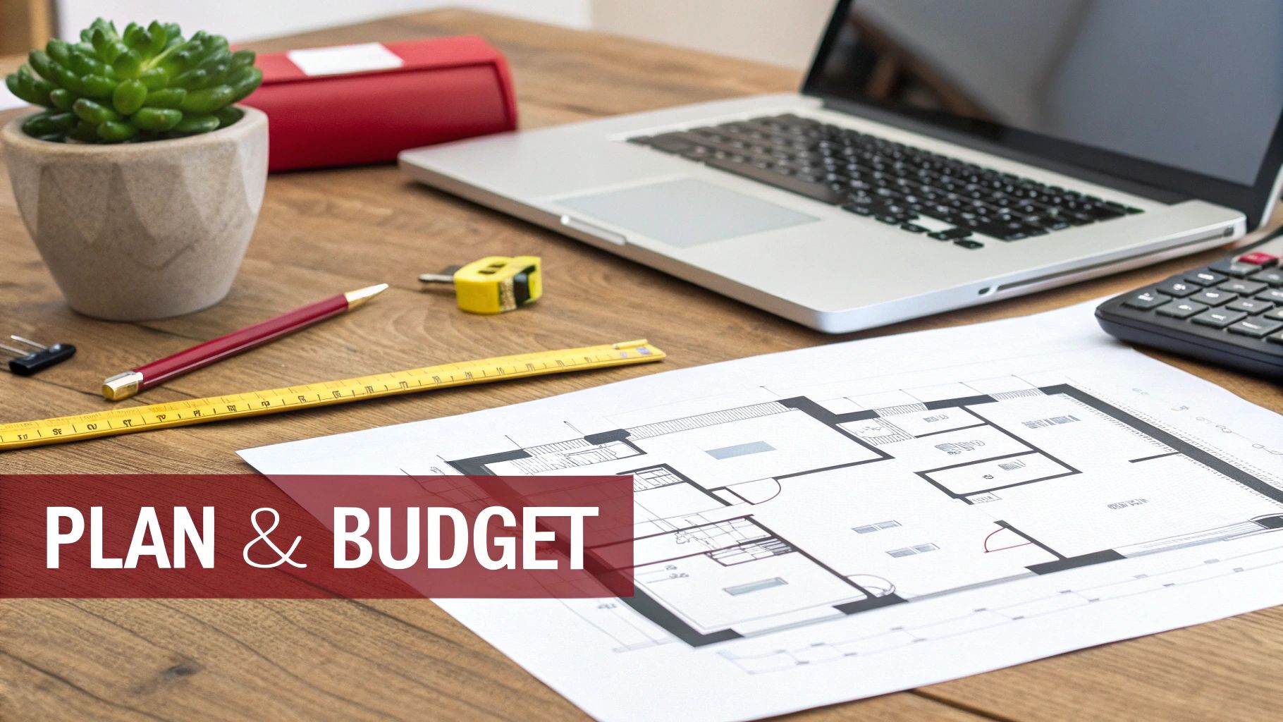 Architectural floor plan blueprints with measuring tape, laptop, and planning tools on wooden desk